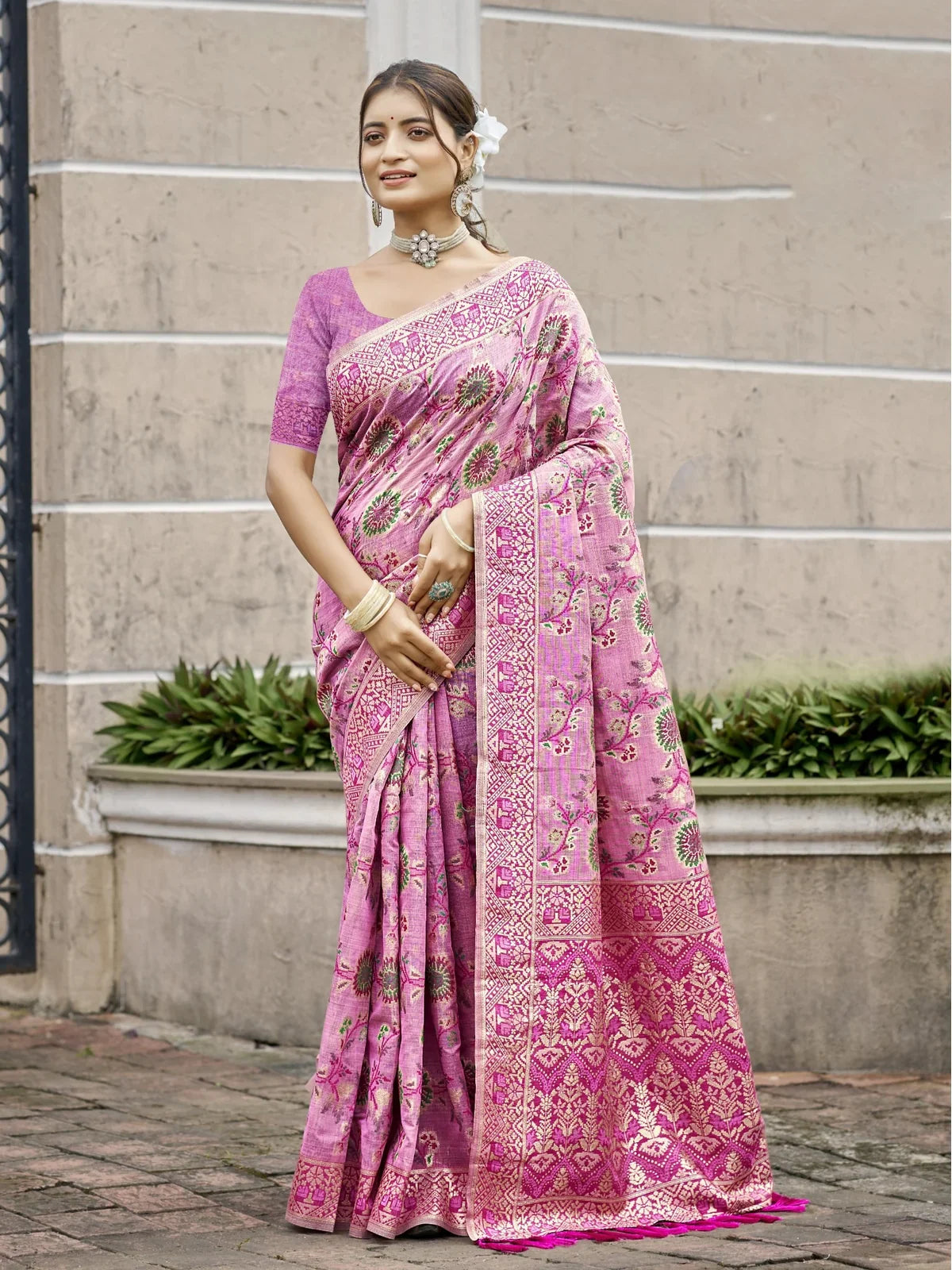 Tarani pink cotton silk saree full view showing meenakari work for festive and wedding wear