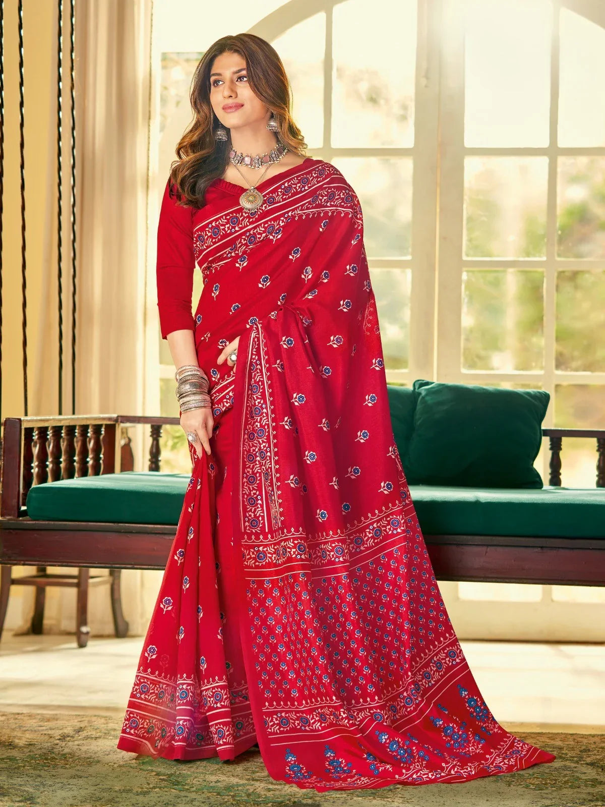 Tarani elegant red cotton silk saree full view with floral design for festive wear