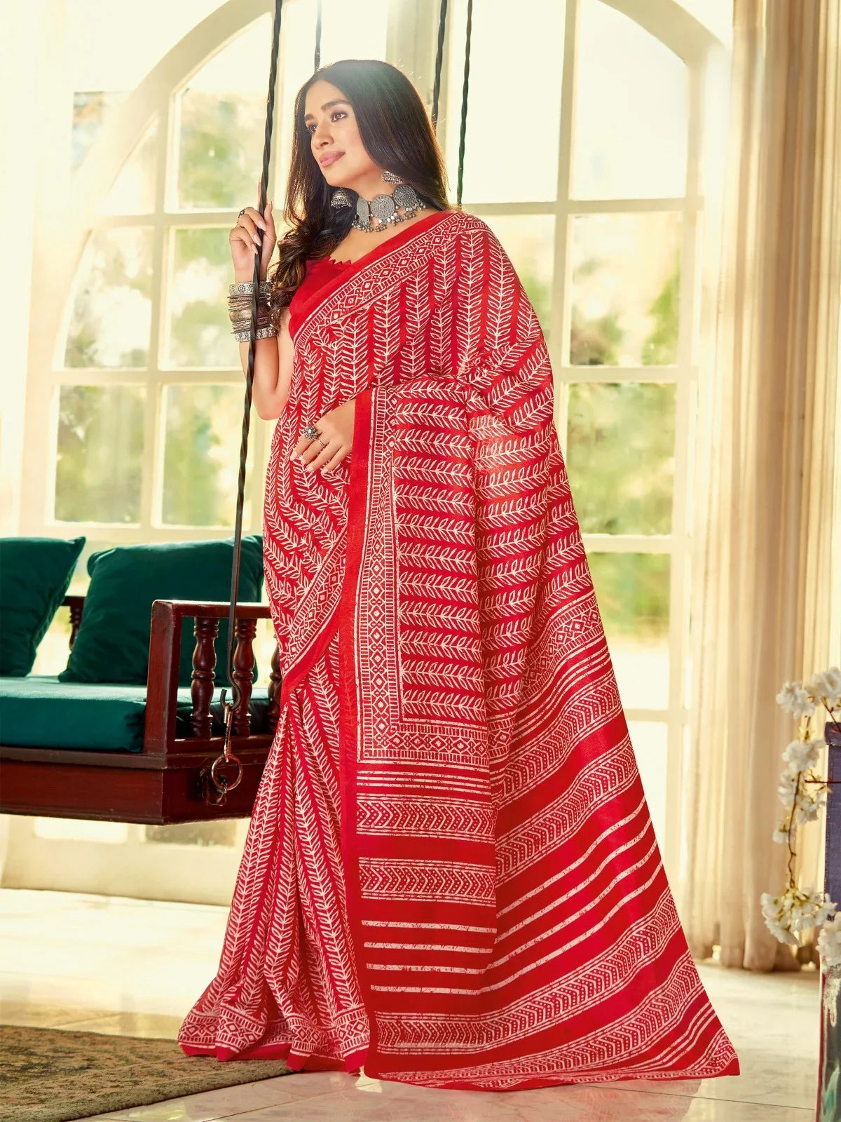 Tarani red cotton silk saree full view with elegant block design
