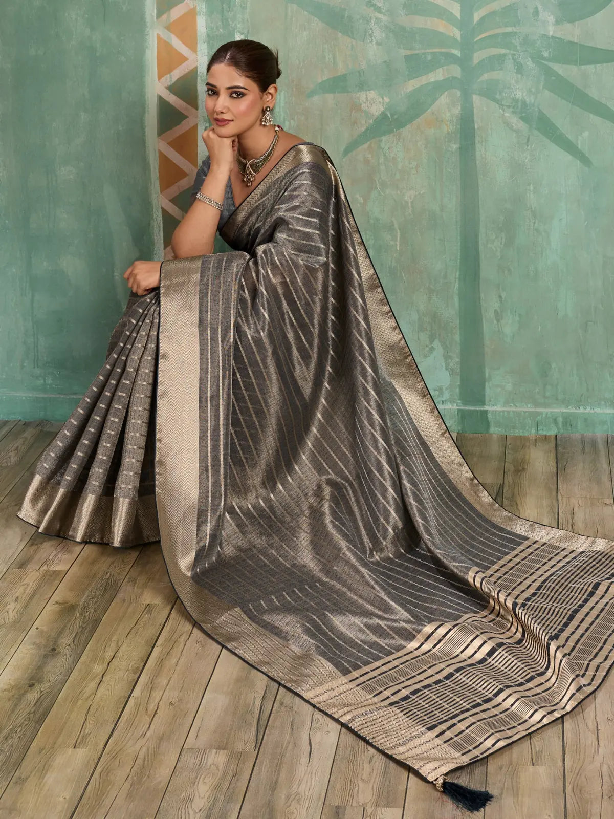 Tarani grey cotton tissue saree side-view with zari woven work