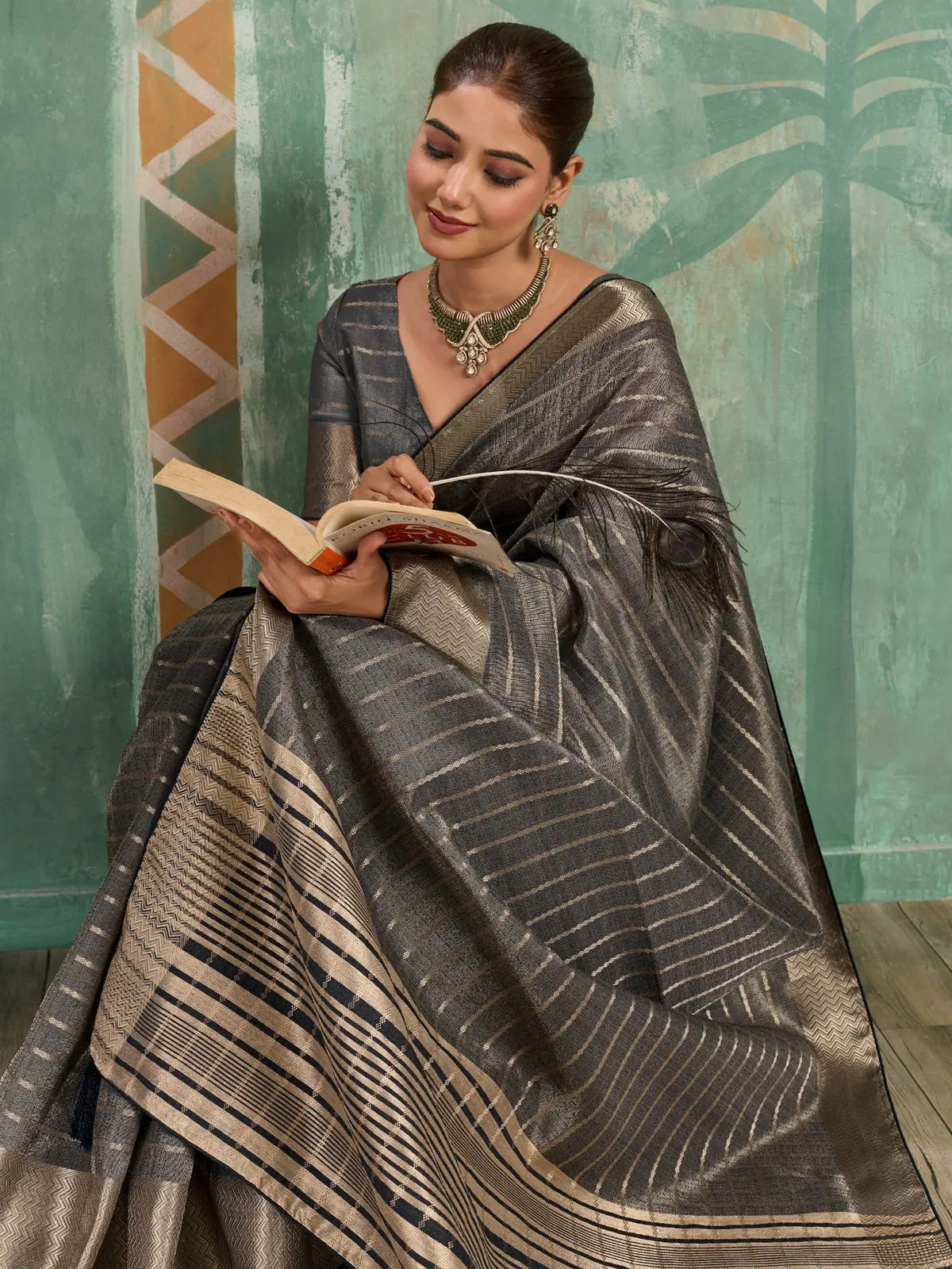 Tarani grey cotton tissue saree upper-body-view with zari woven work
