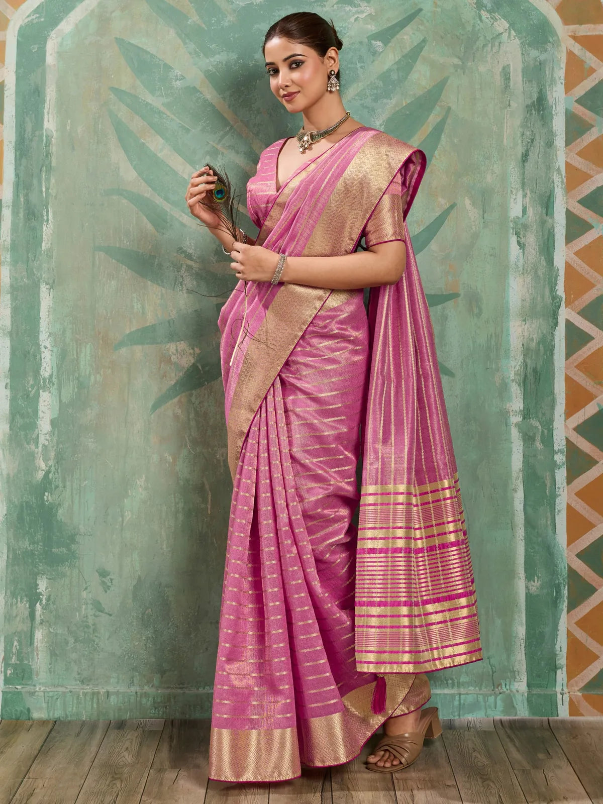 Tarani pink cotton tissue saree front view with chit pallu