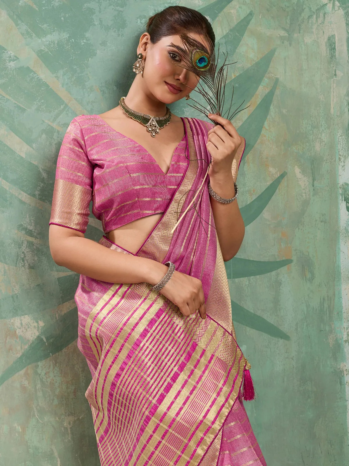 Tarani pink cotton tissue saree upper body view showing blouse and zari border