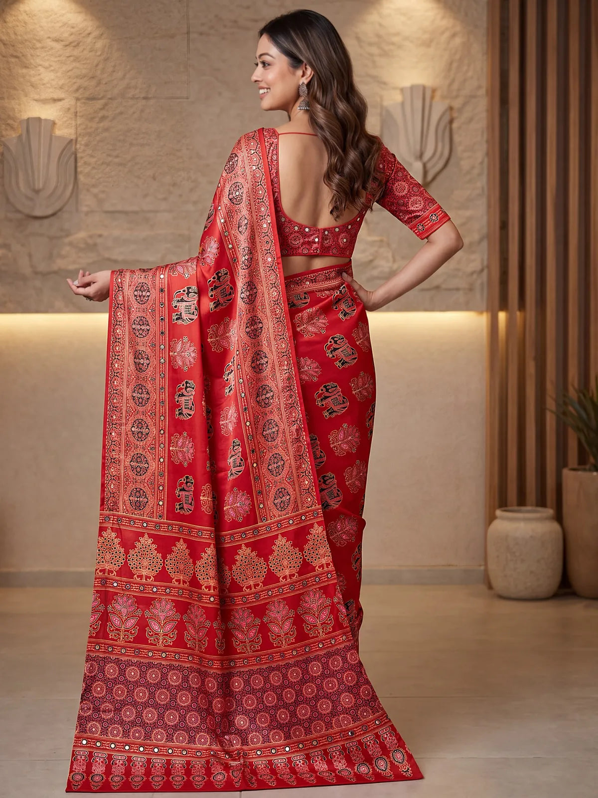 Tarani red Crap Silk saree back view with blouse
