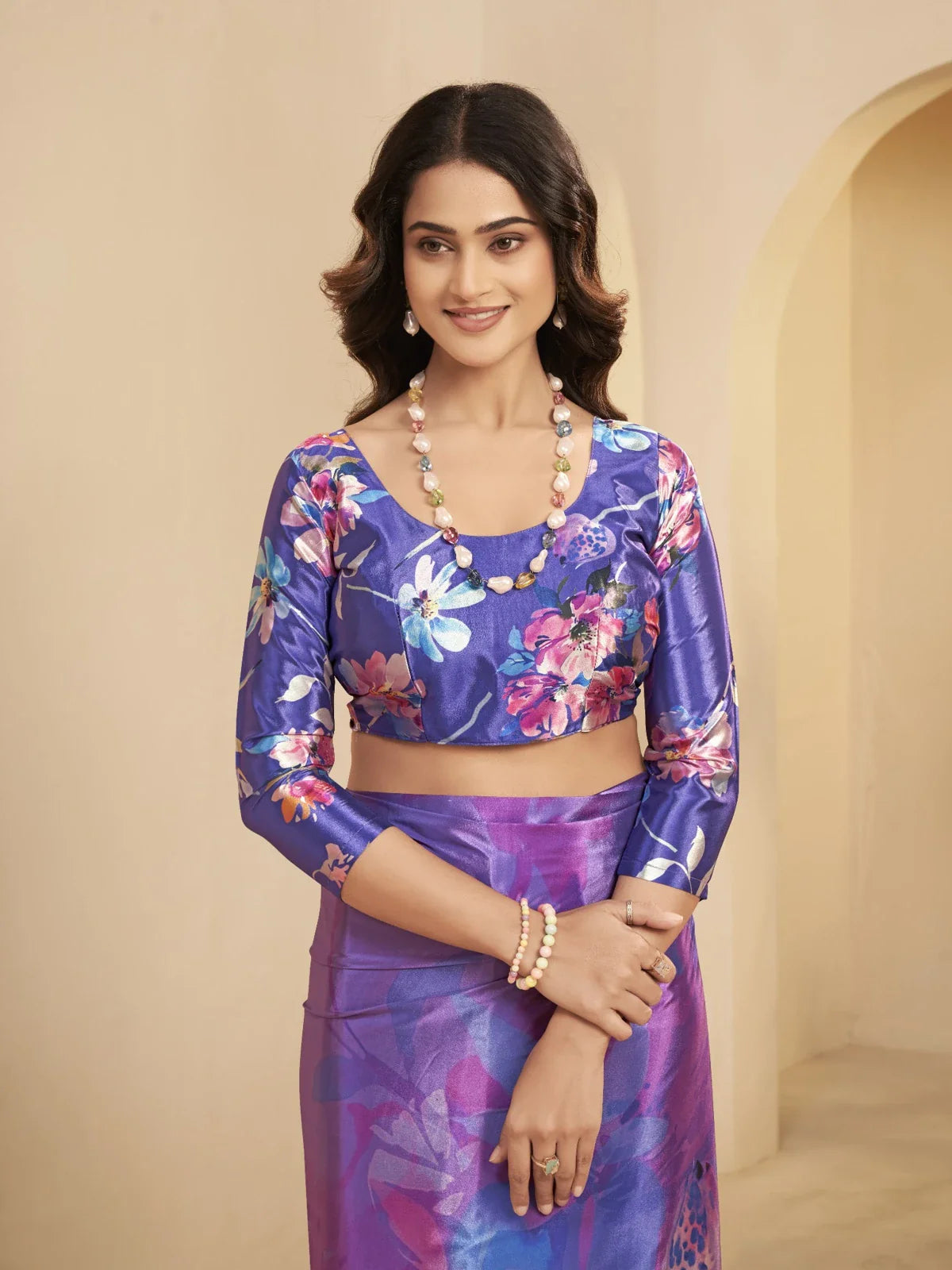 Tarani purple crepe saree closeup with matching blouse front view