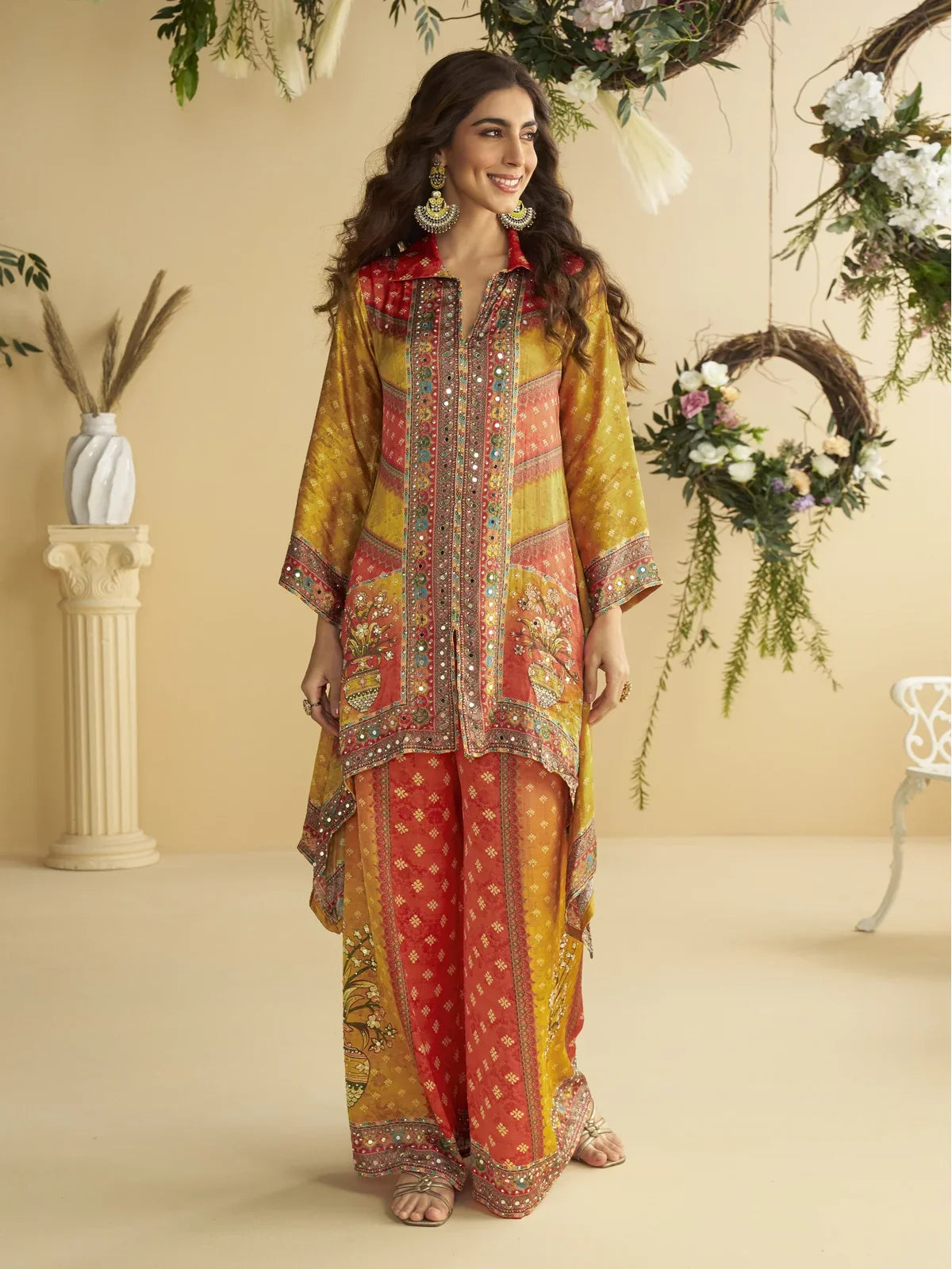 Tarani red crape silk digital print co ord set front view with wide palazzo pants and kurta styling