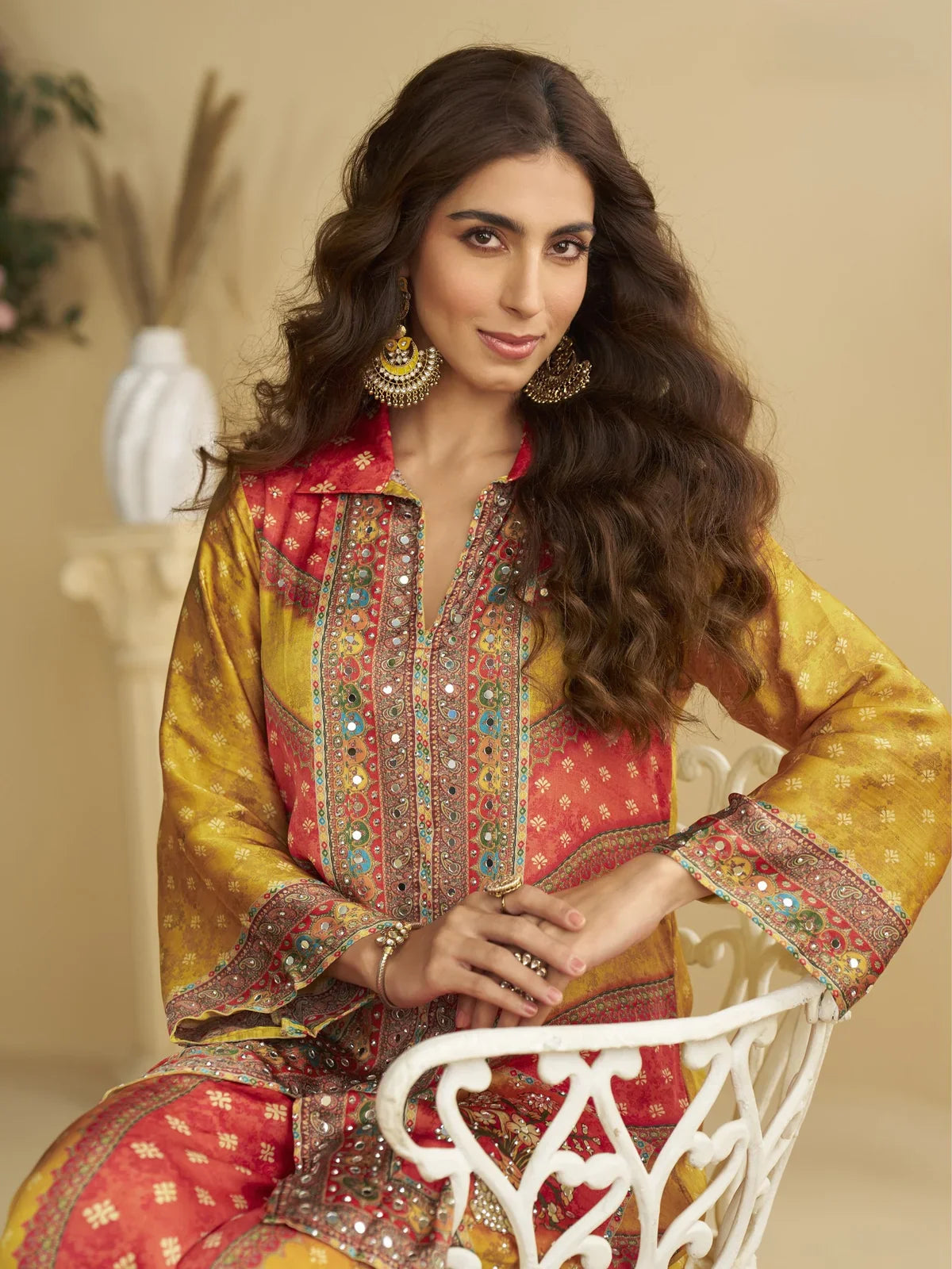 Tarani red crape silk digital print co ord set upper body view with mirror detailing and collar neck