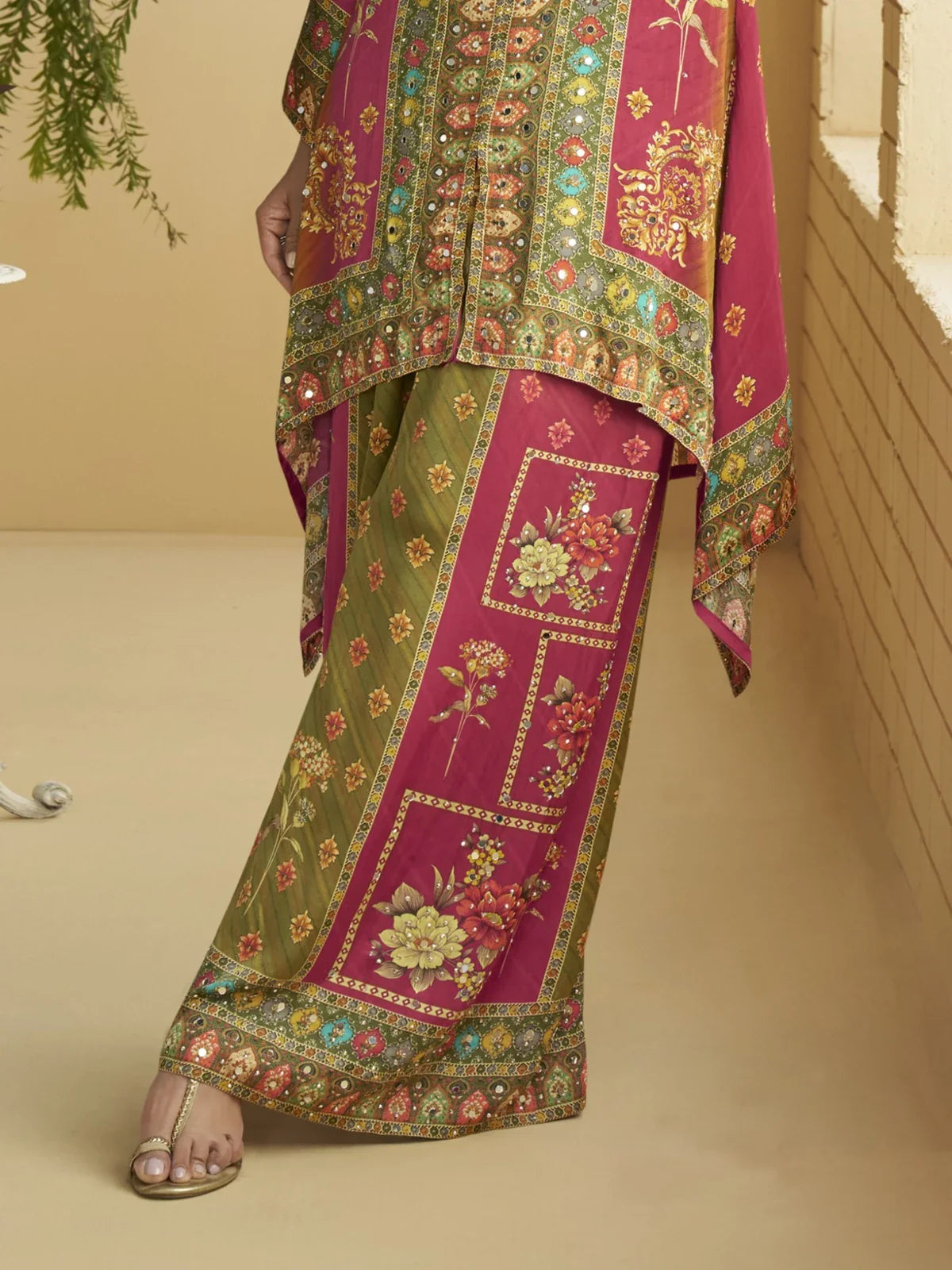 Tarani magenta crape silk digital print co ord set closeup fabric and floral design view
