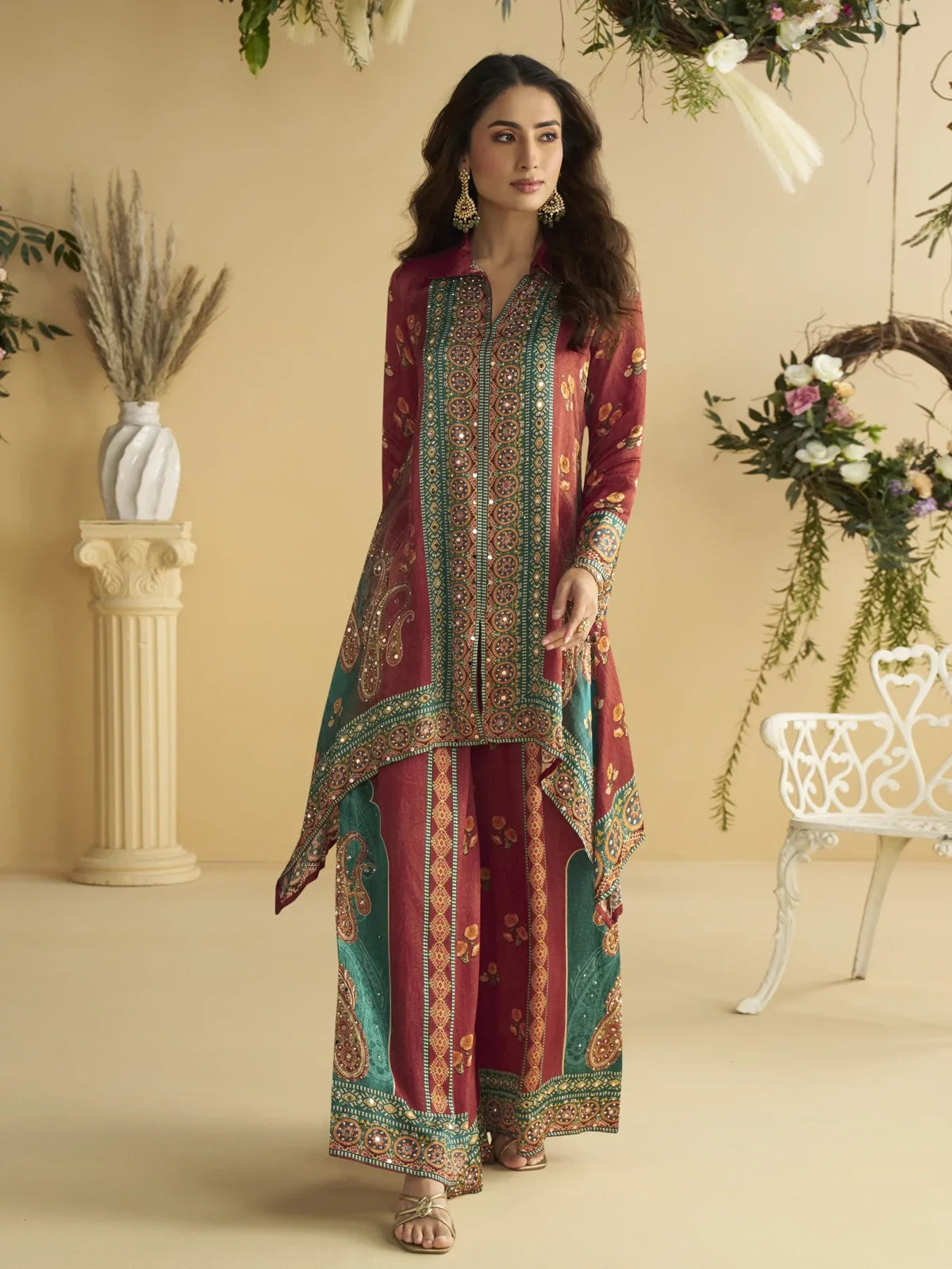 Tarani maroon crape silk co-ord set second full view with ethnic styling
