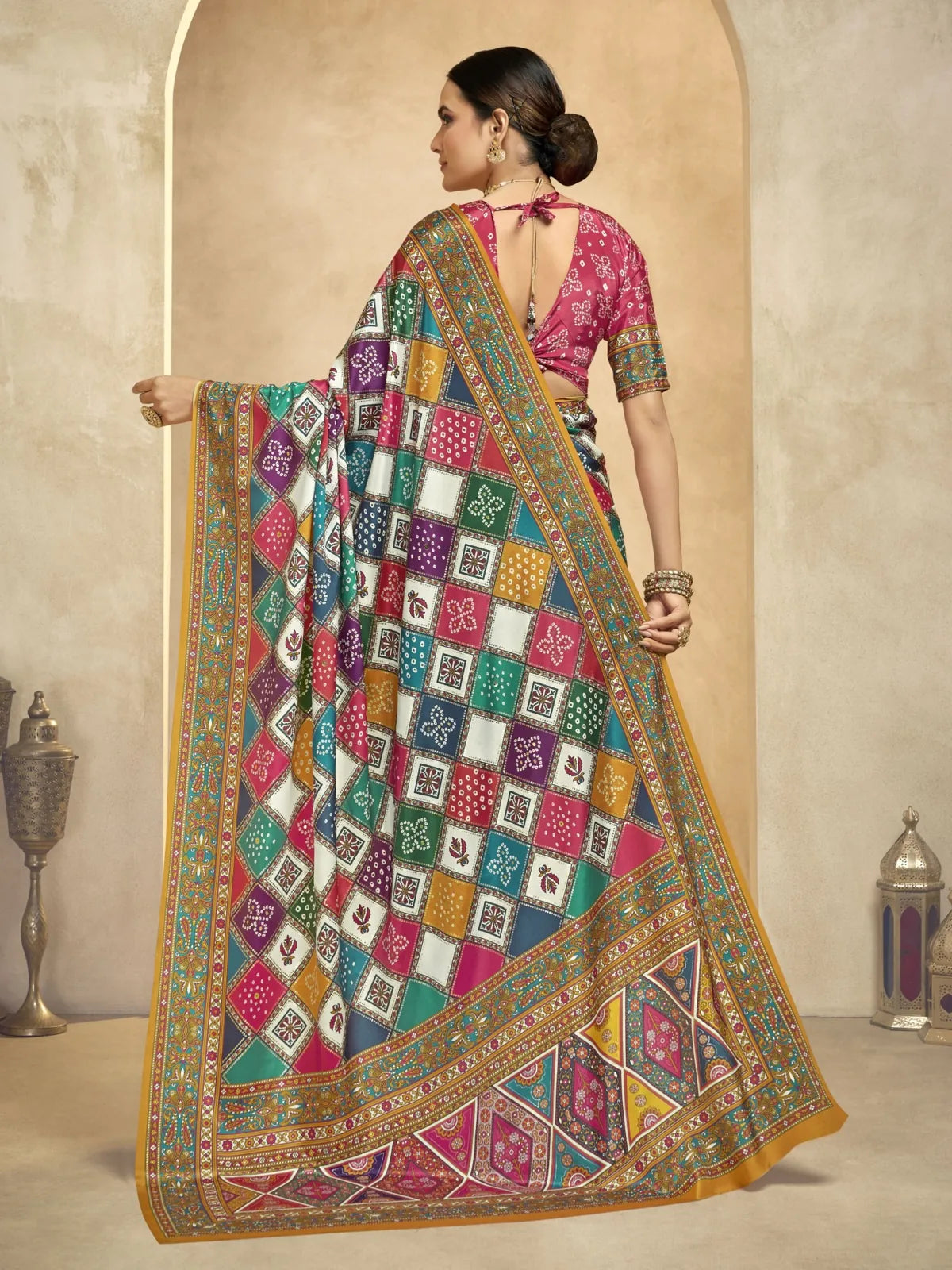 Tarani multicolor saree back pose with tied blouse and traditional foil print layout