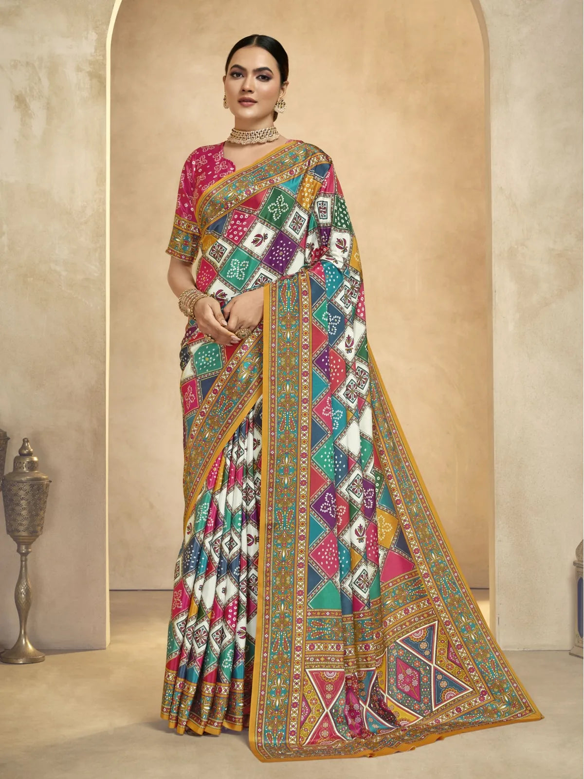 Tarani multicolor crepe saree with digital and foil print in full view for festive wear