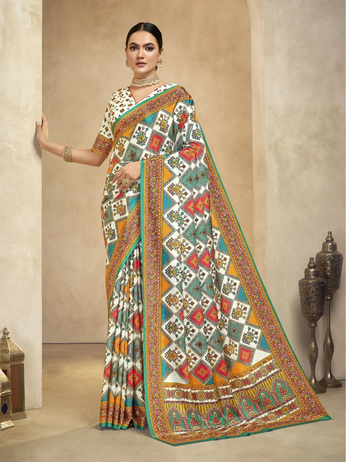 Tarani multicolor crepe saree with traditional digital print and foil detailing in full-view