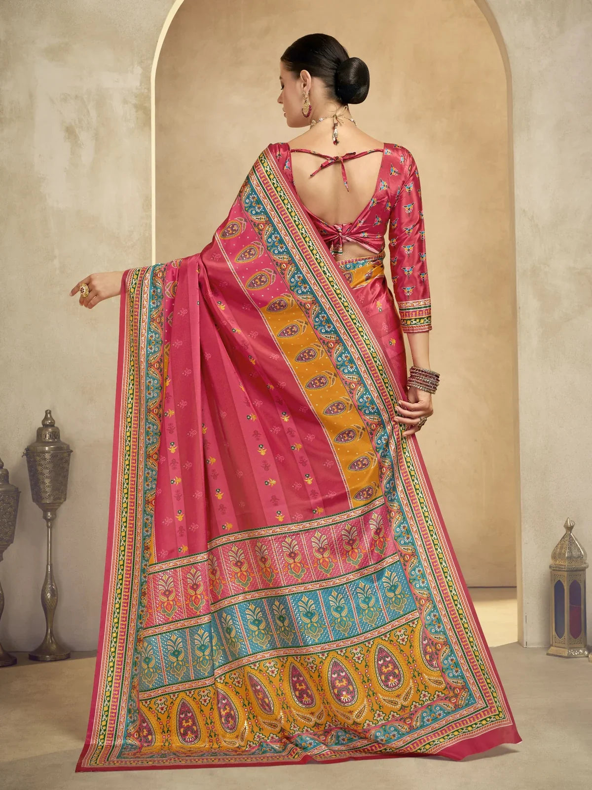 Tarani pink crepe saree back-view showing digital print and foil work