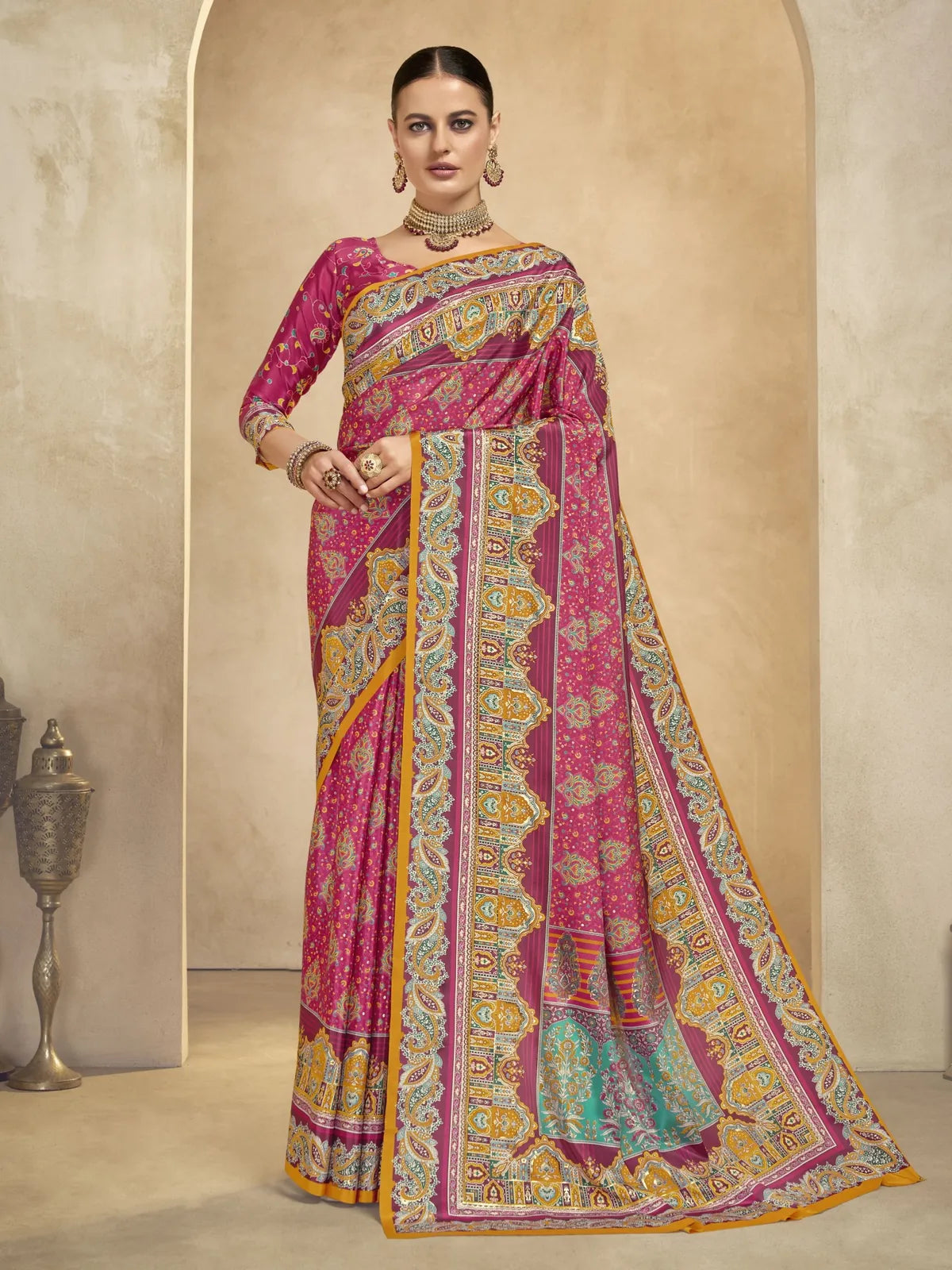 Tarani pink crepe saree full view with digital and foil print for festive wear
