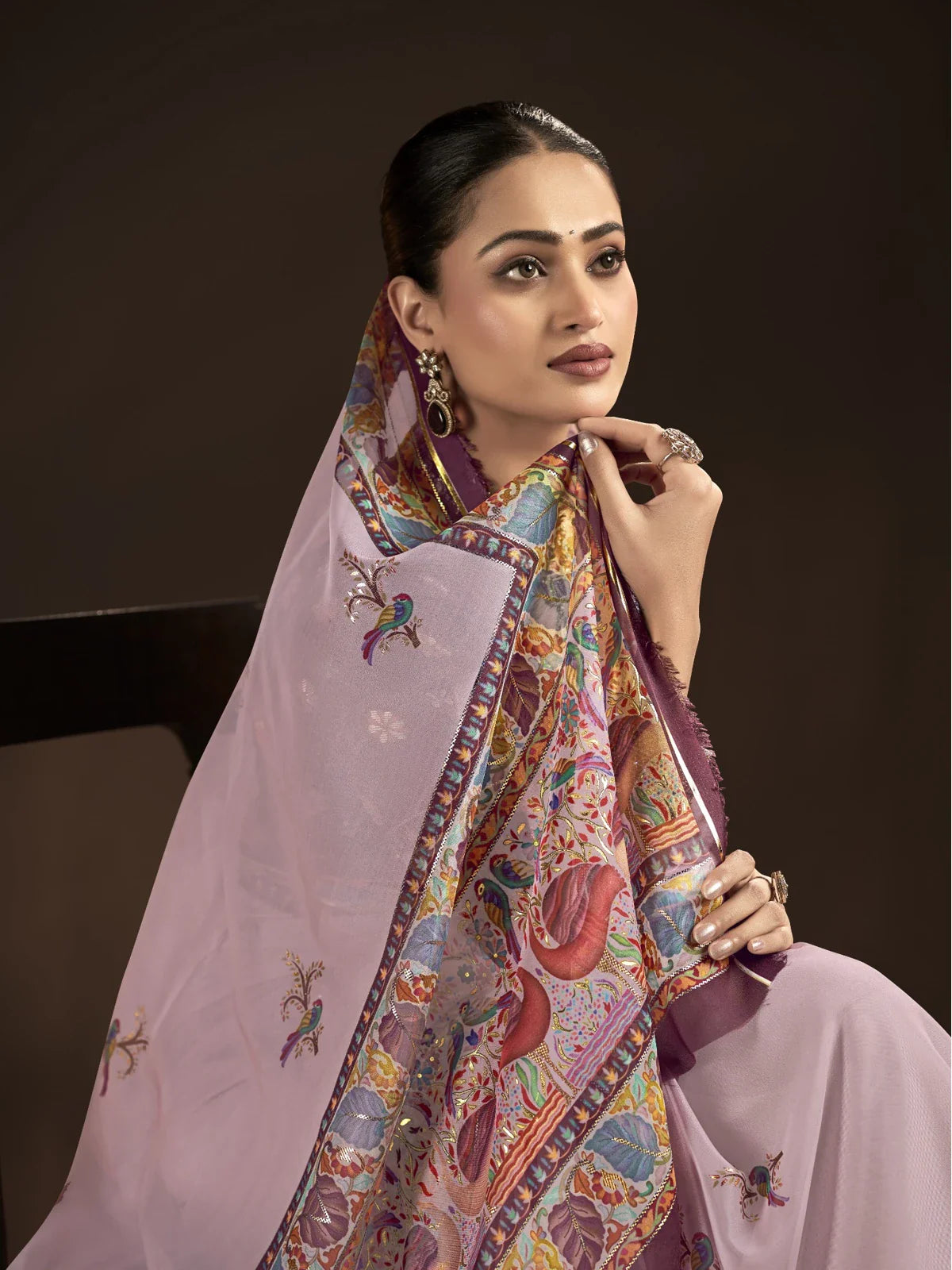 Tarani pink crepe saree with artistic digital foil pallu featuring peacock motifs