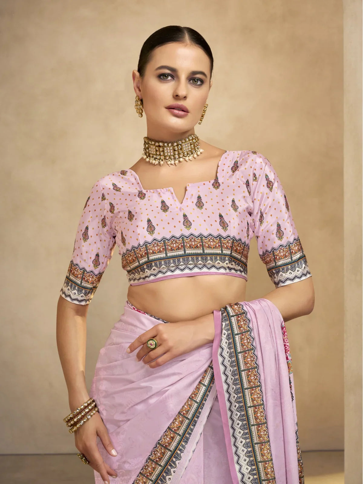 Tarani pink crepe saree upper body view with printed blouse and soft fabric