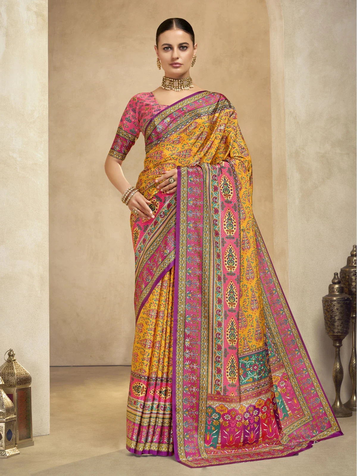 Tarani festive yellow crepe saree with foil print and digital design full view