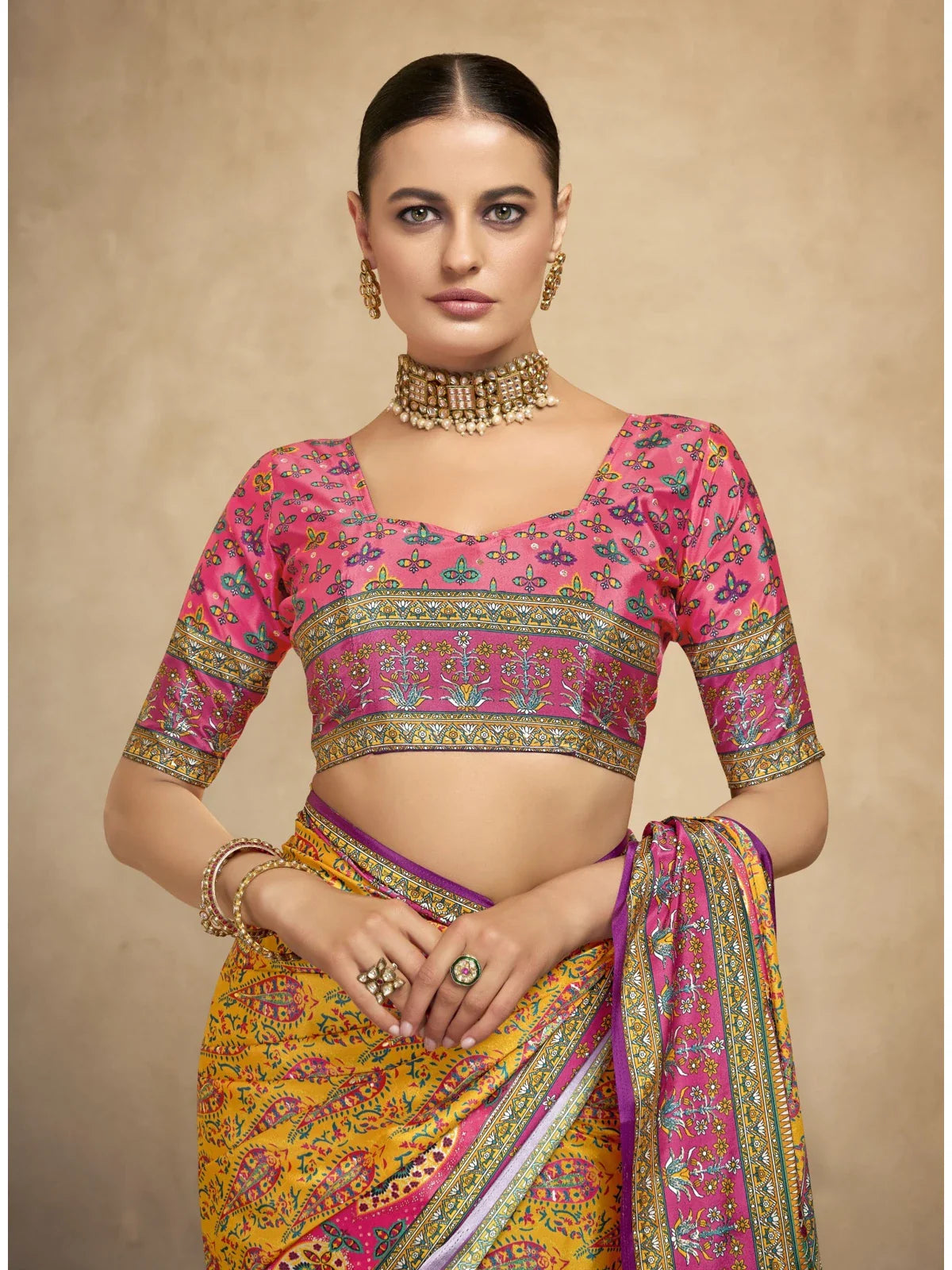 Tarani yellow crepe saree with digital print blouse close-up front view