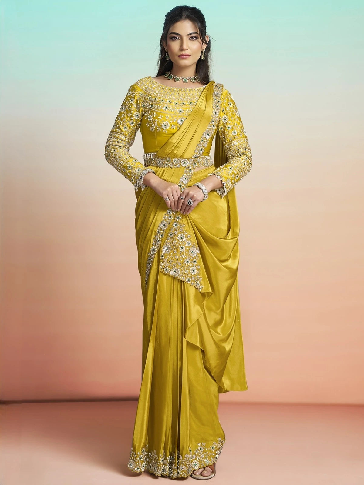 Tarani Aishika mustard ready to wear crepe satin saree front view with ornate blouse belt