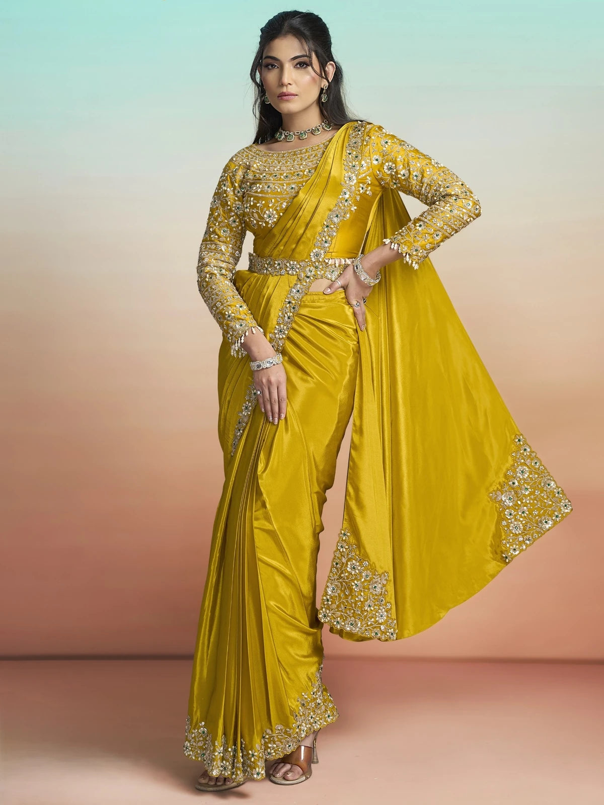 Tarani Aishika mustard crepe satin ready to wear saree full view with sequin stone pearl work