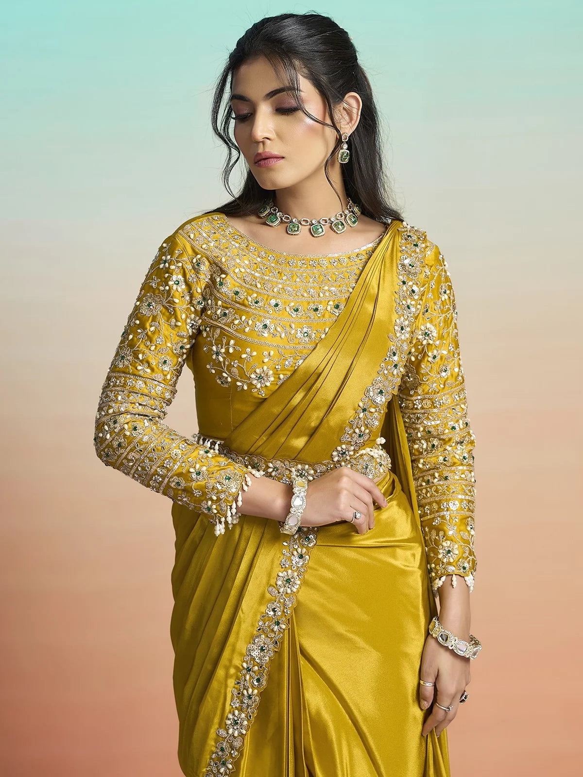 Tarani Aishika mustard crepe satin saree upper body view with embellished stitched blouse
