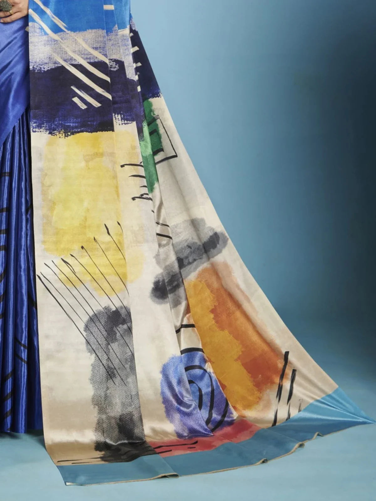 Tarani designer blue crepe silk saree with abstract painted pallu and elegant fall look