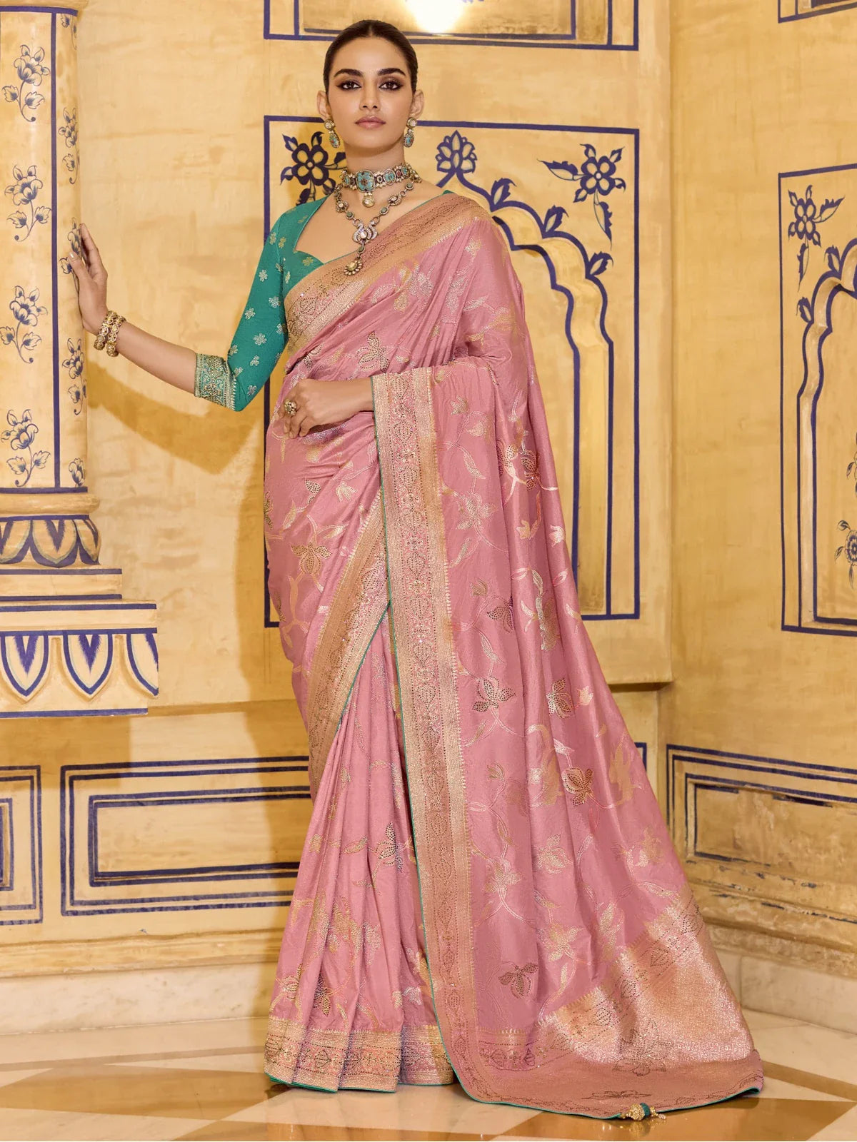 Tarani pink crepe silk saree with zari weaving and green blouse full view for party or festive occasions