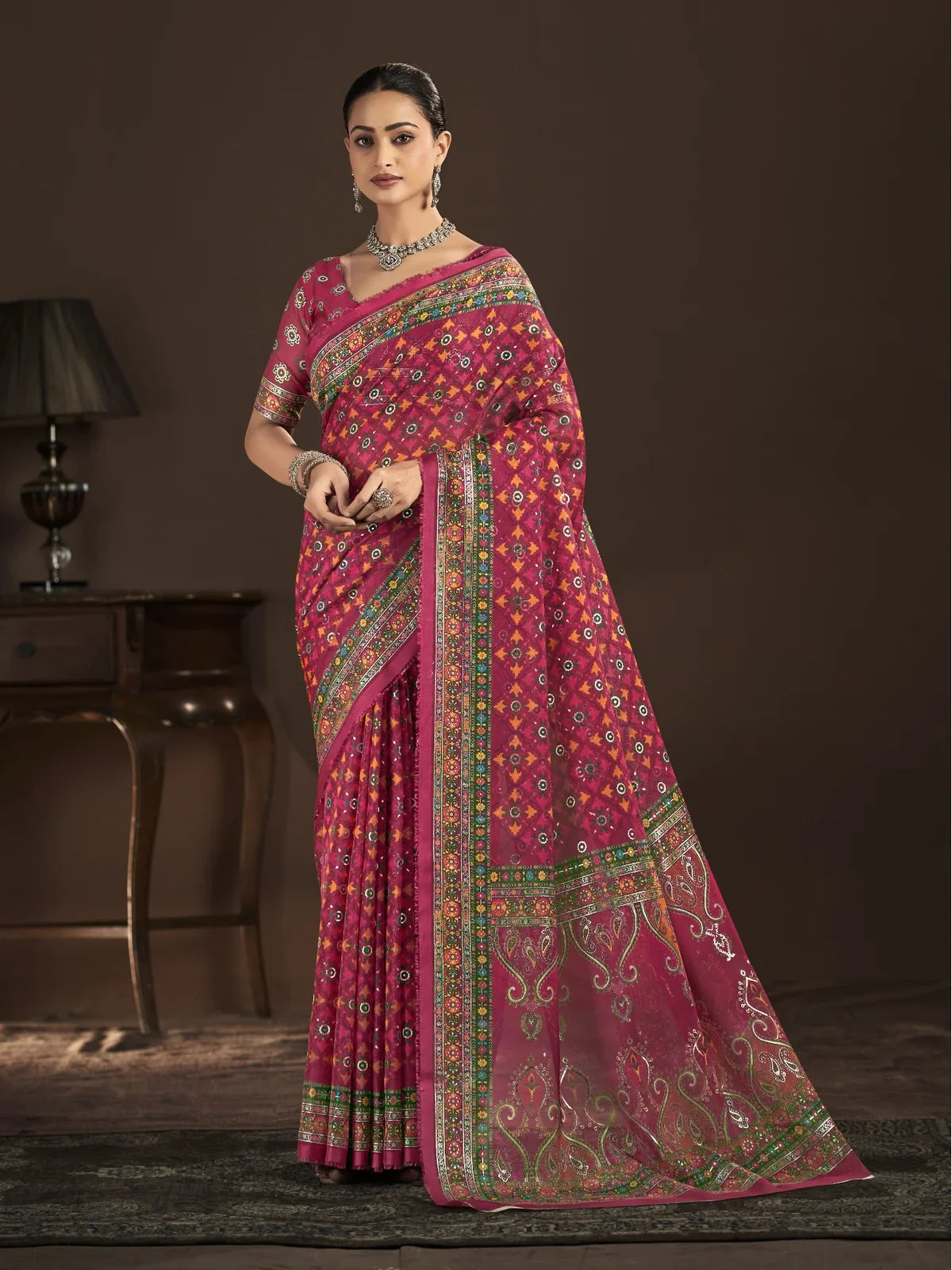 Tarani pink crepe silk saree with foil print and blouse shown in full view