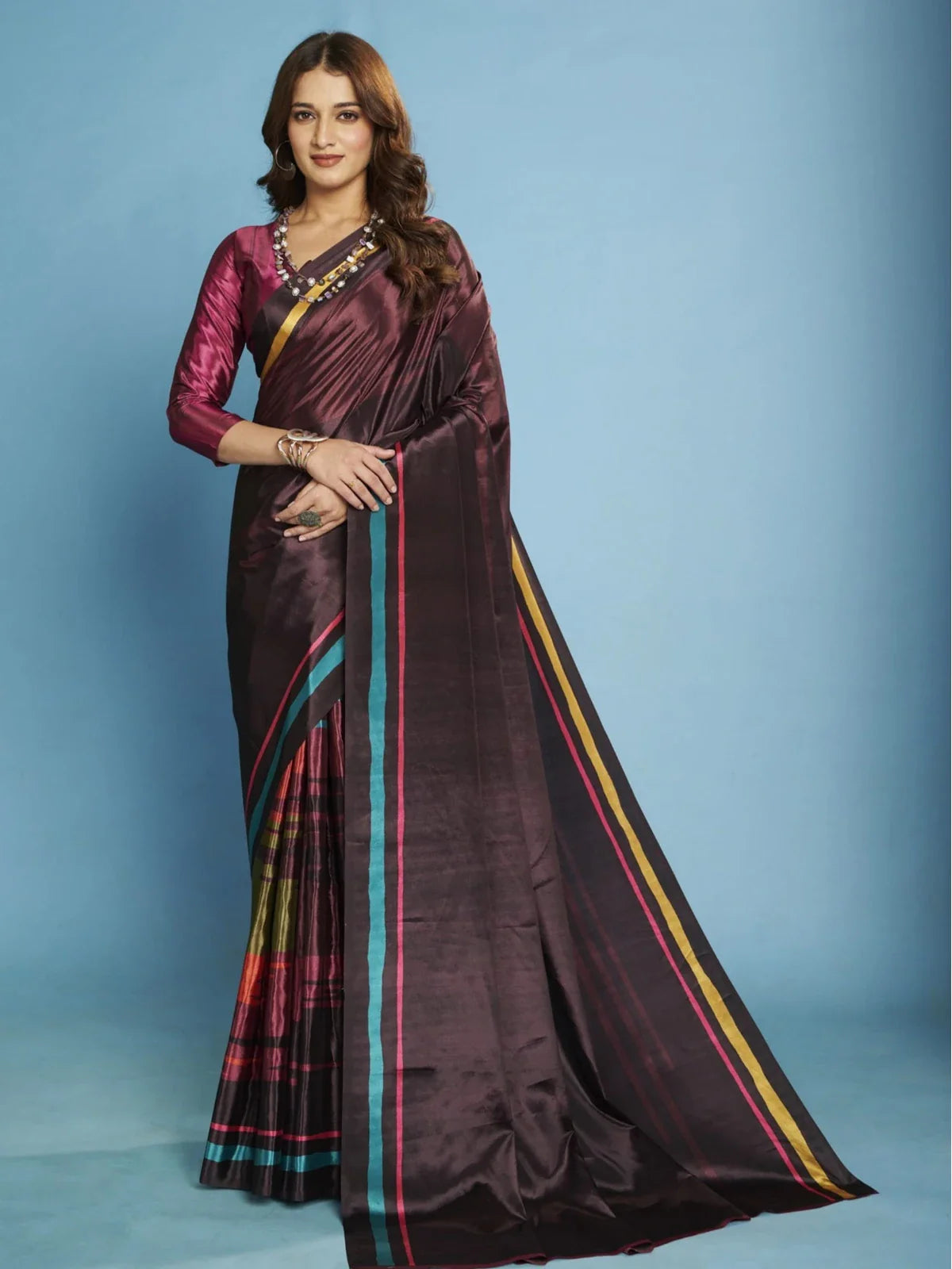 Tarani crepe silk wine saree full view with multicolor border and elegant festive drape
