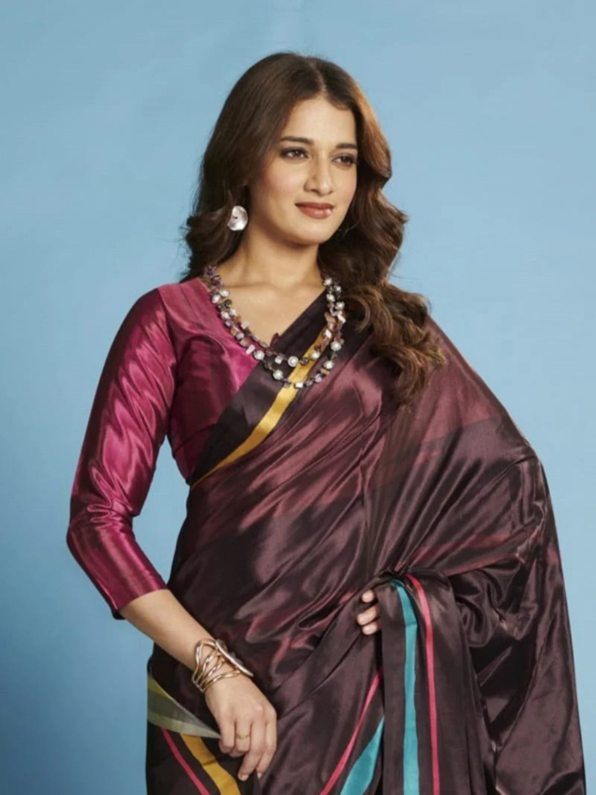 Tarani crepe silk wine saree upper body view with designer blouse and sleek pallu