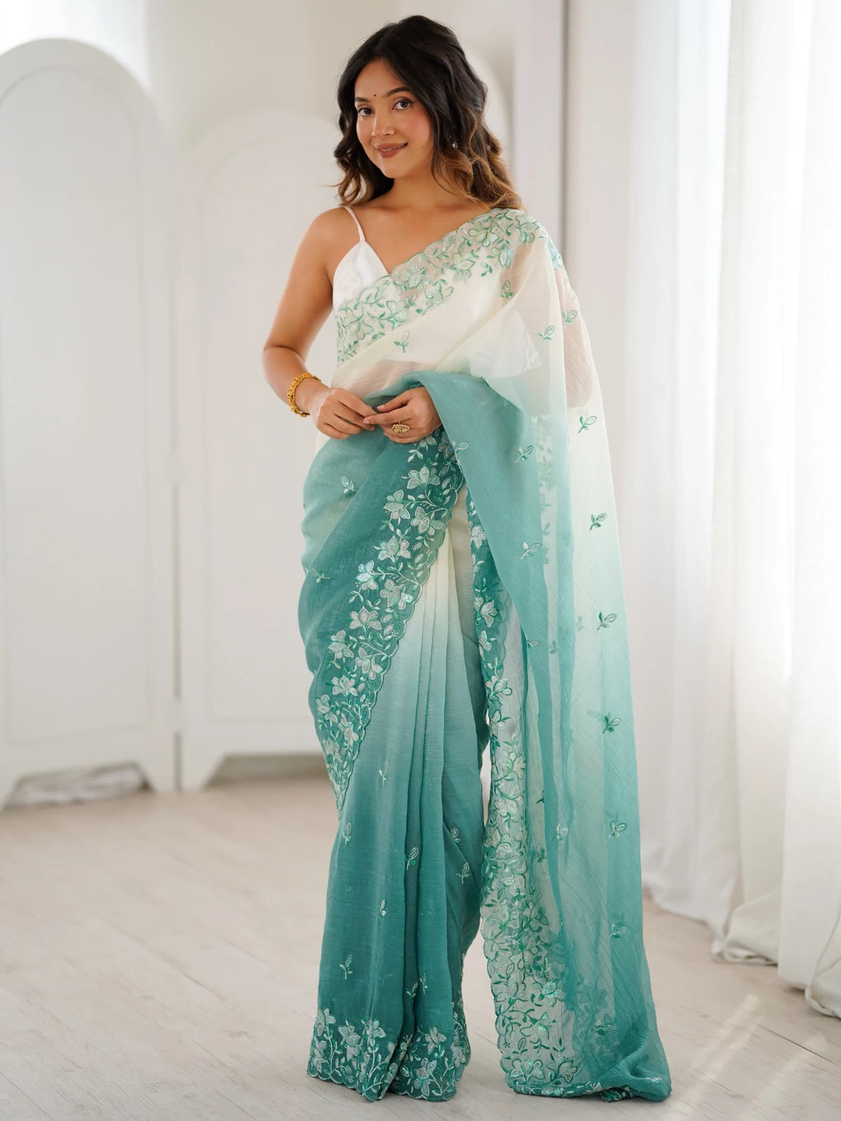 Tarani green crunchy saree with sequence embroidery work full view for party and festive wear