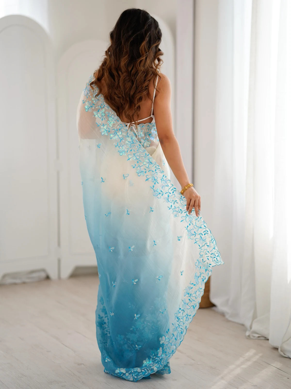Tarani Samata back view of sky blue crunchy saree with embroidered border