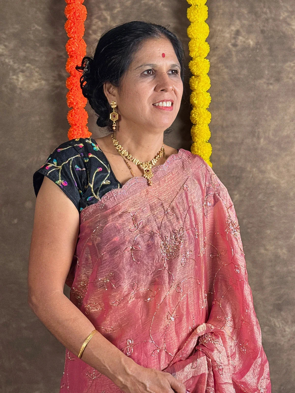 Tarani pink crystal silk saree upper body view highlighting blouse and drape