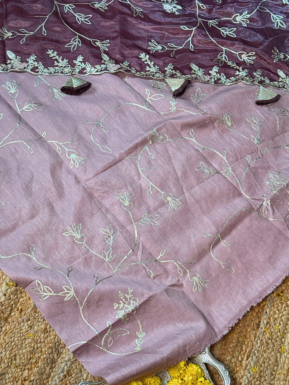 Tarani crystal silk saree closeup view showing premium embroidery details and shine
