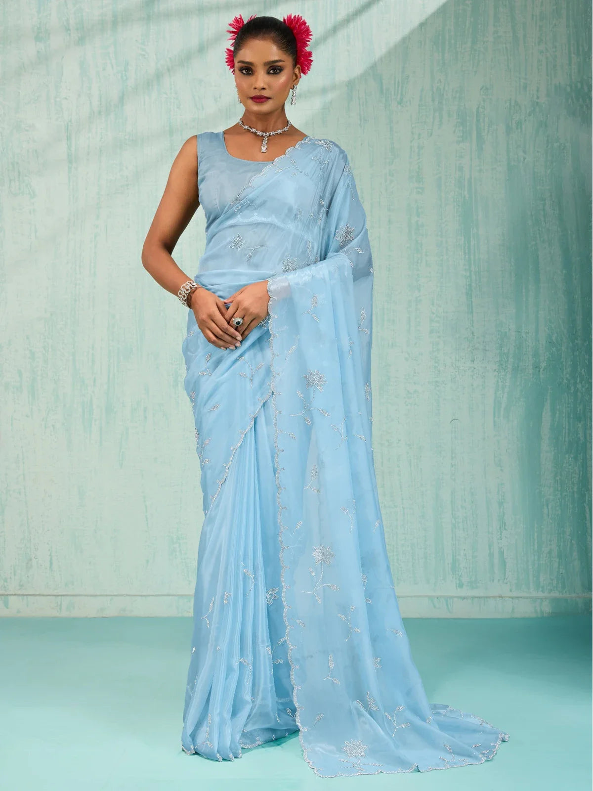 Tarani premium blue crystal viscose saree full view with floral zarkan work and cutwork blouse