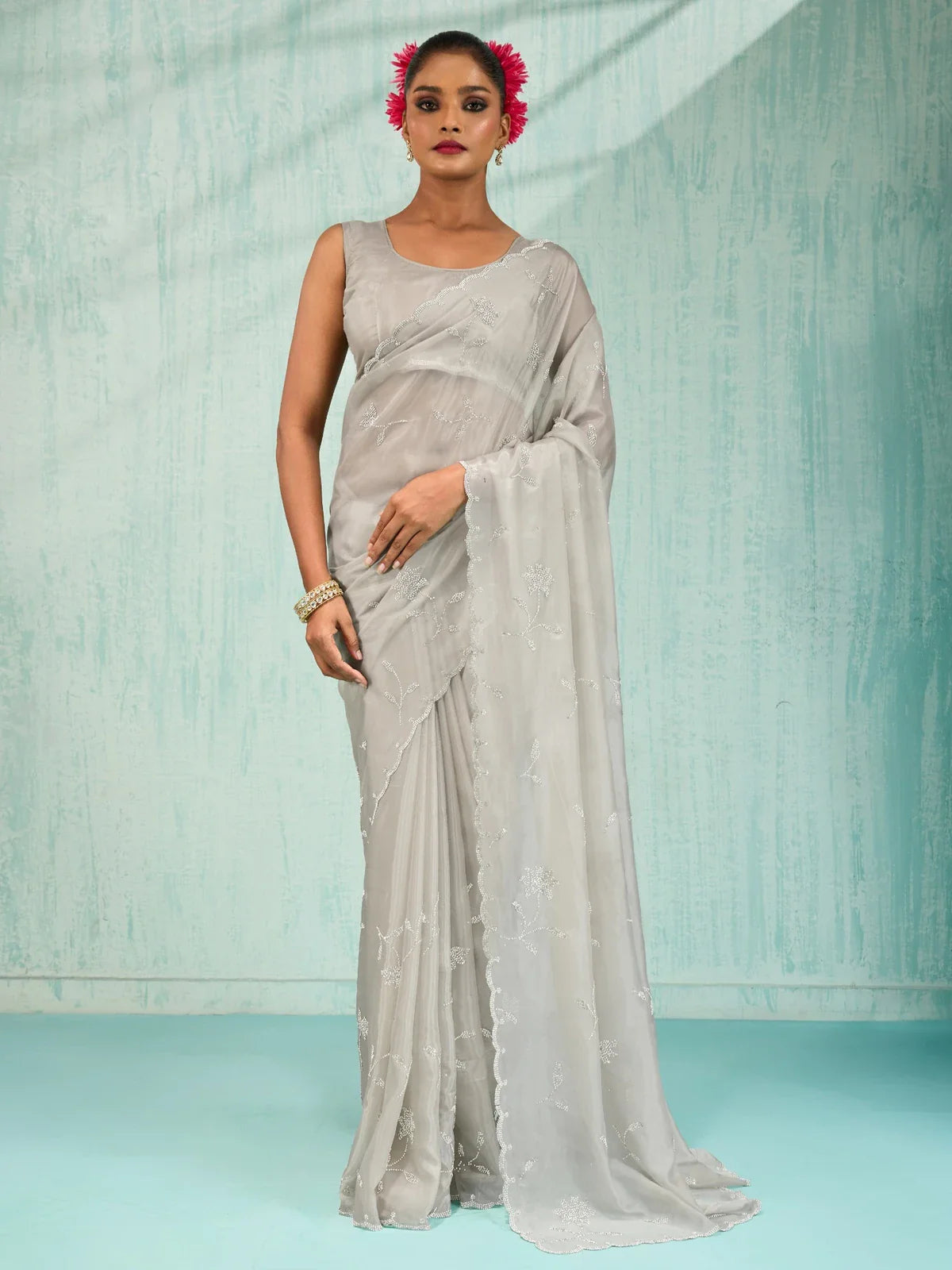 Tarani elegant grey crystal viscose saree with floral zarkan work full view