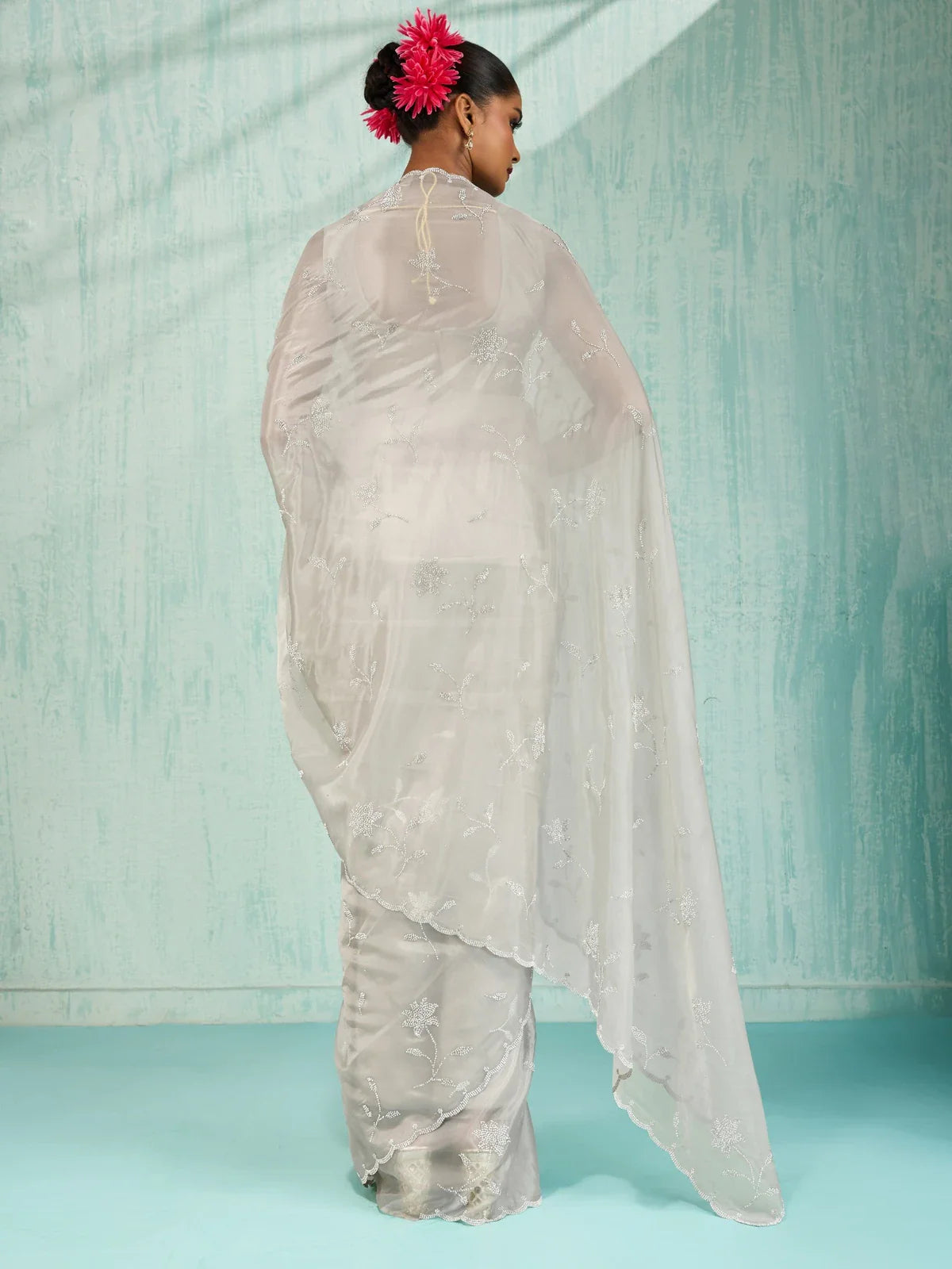 Tarani grey viscose saree with heavy zarkan work back view