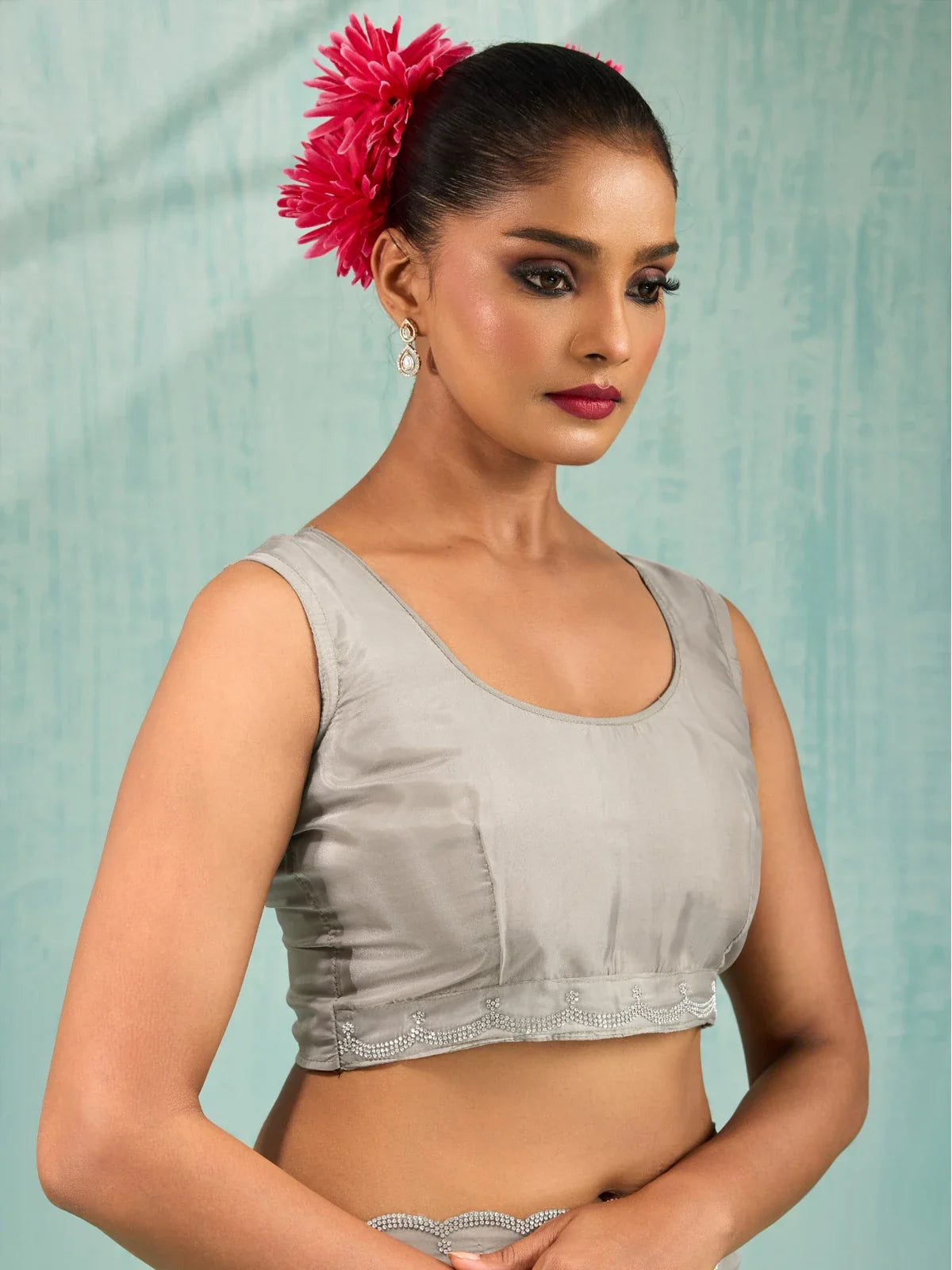 Tarani grey saree blouse closeup with cutwork border detail