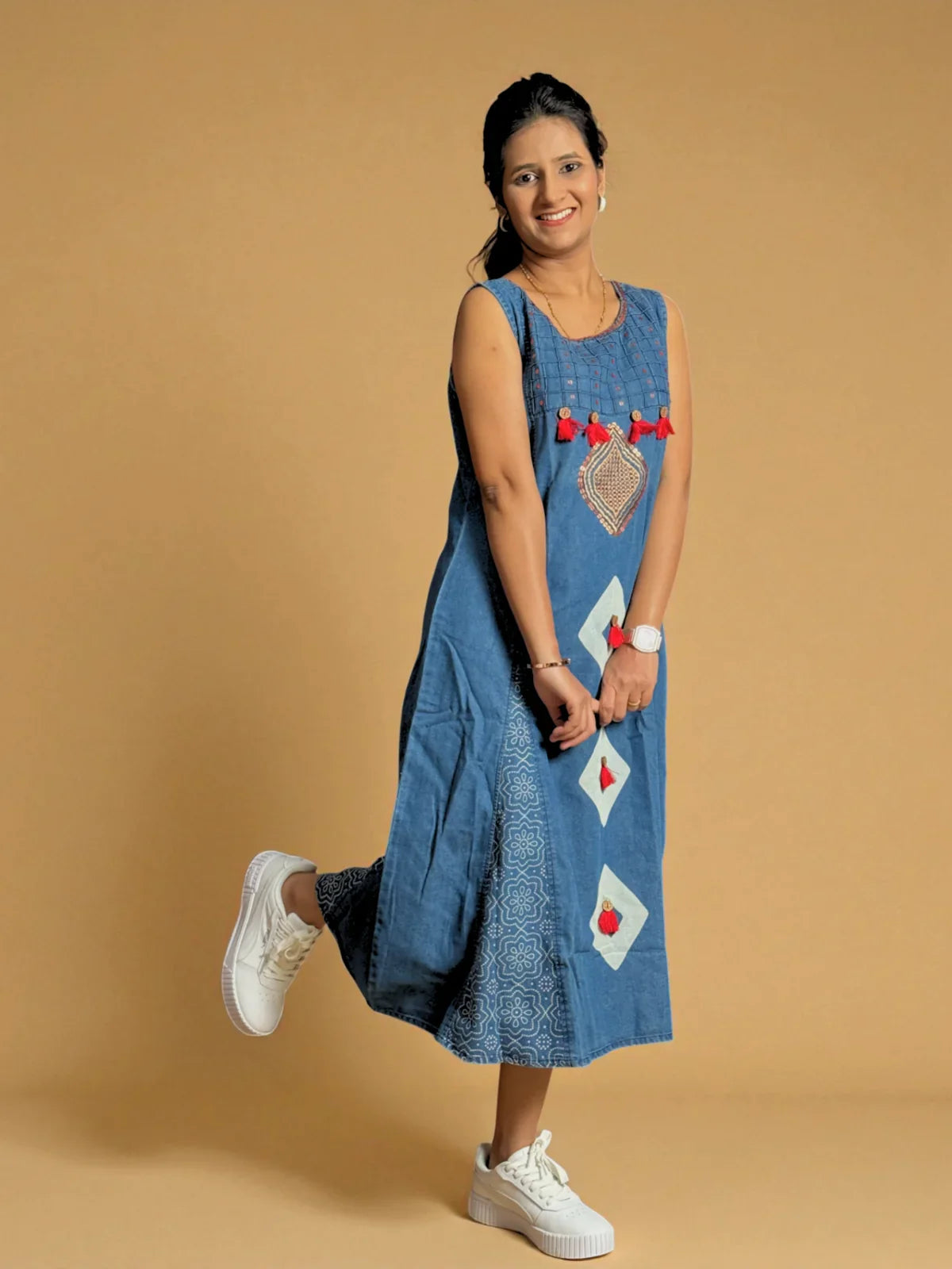 Tarani blue denim midi dress full view for women
