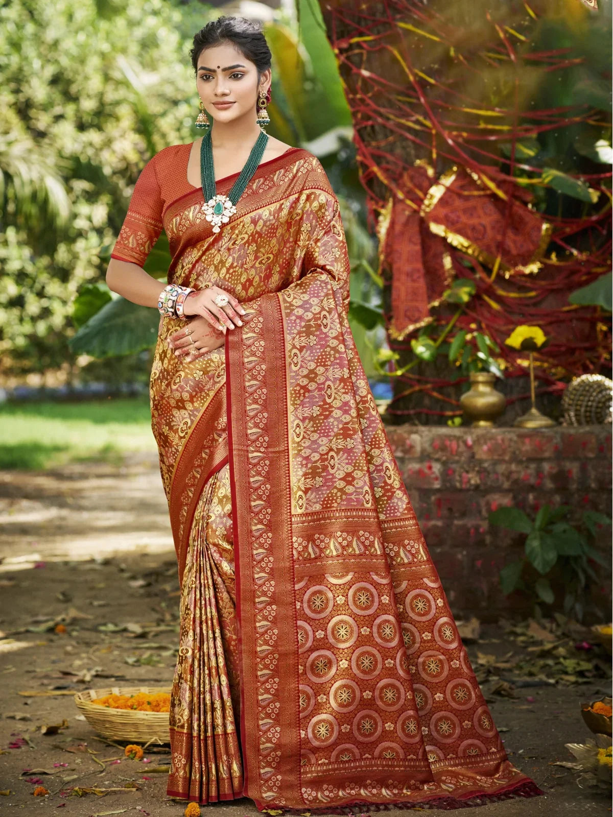 Tarani maroon Dharmavaram festive saree with golden zari and blouse