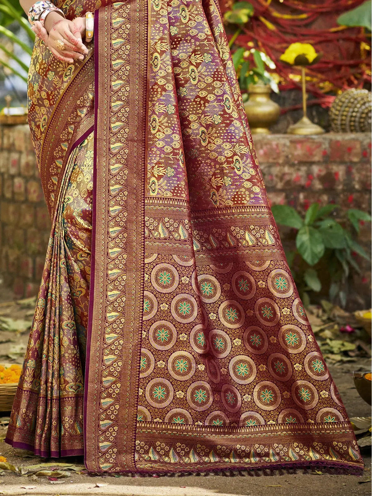 Tarani maroon Dharmavaram saree showcasing rich pallu and traditional weave