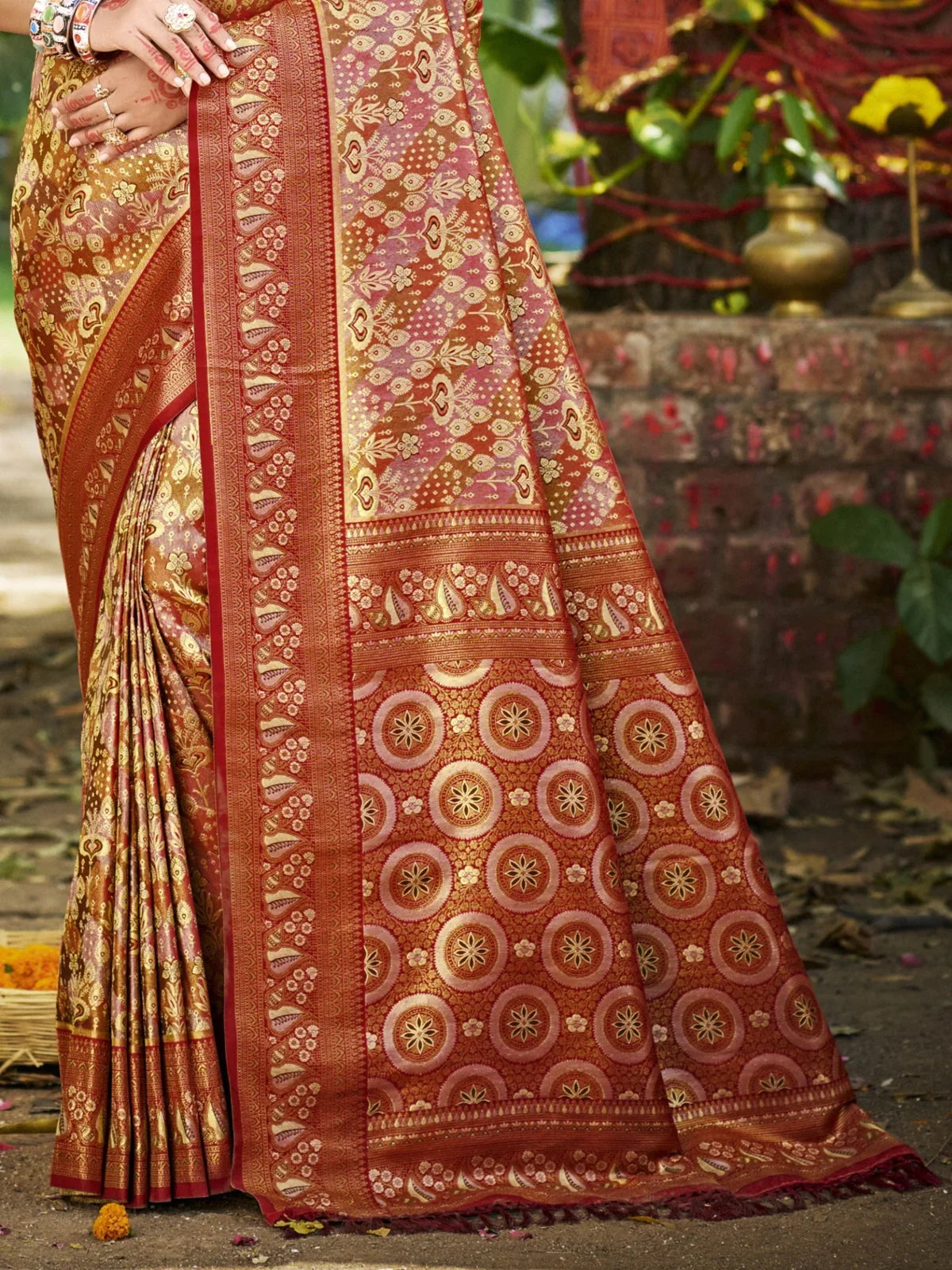 Tarani maroon Dharmavaram saree detailed pallu and border design