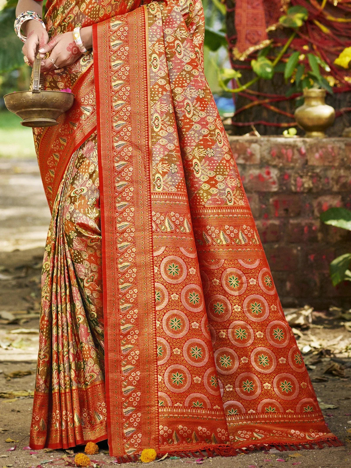 Tarani red Dharmavaram saree detailed pallu and border design close view