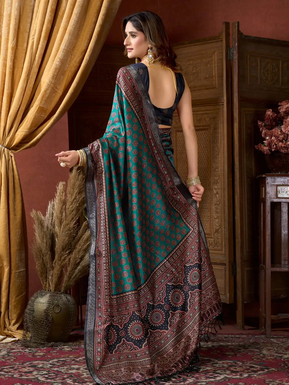 Tarani blouse view featuring ajrakh print on satin silk base with back deep neck cut