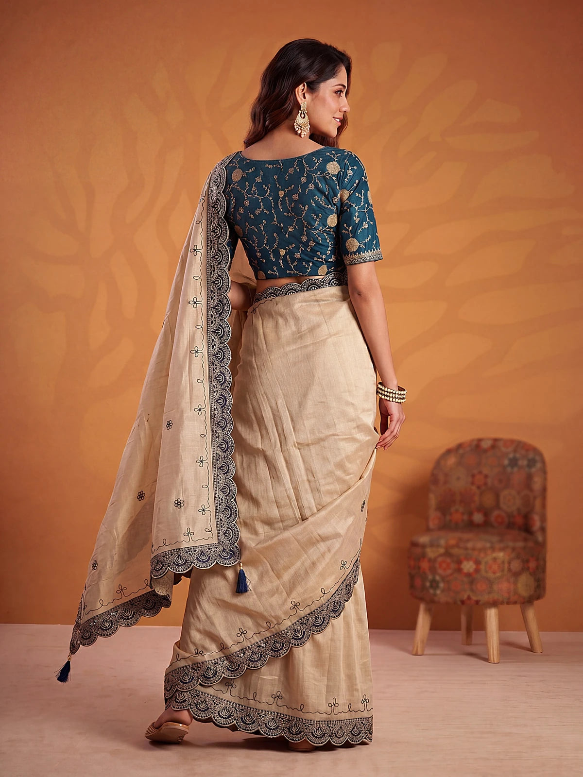 Tarani Devrati beige Erodee Silk saree back view with designer blouse