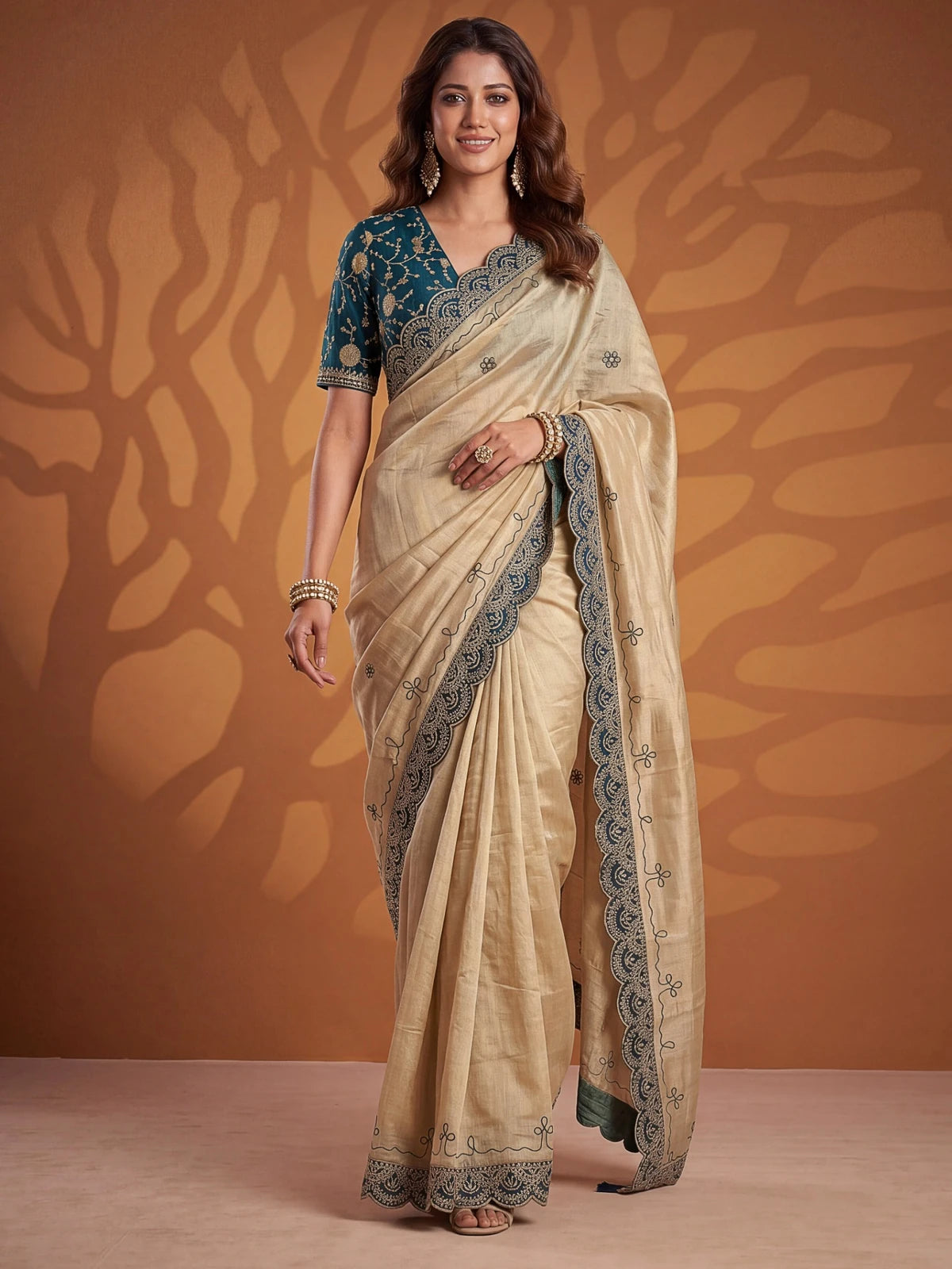 Tarani Devrati beige Erodee Silk saree front view for wedding and festive wear
