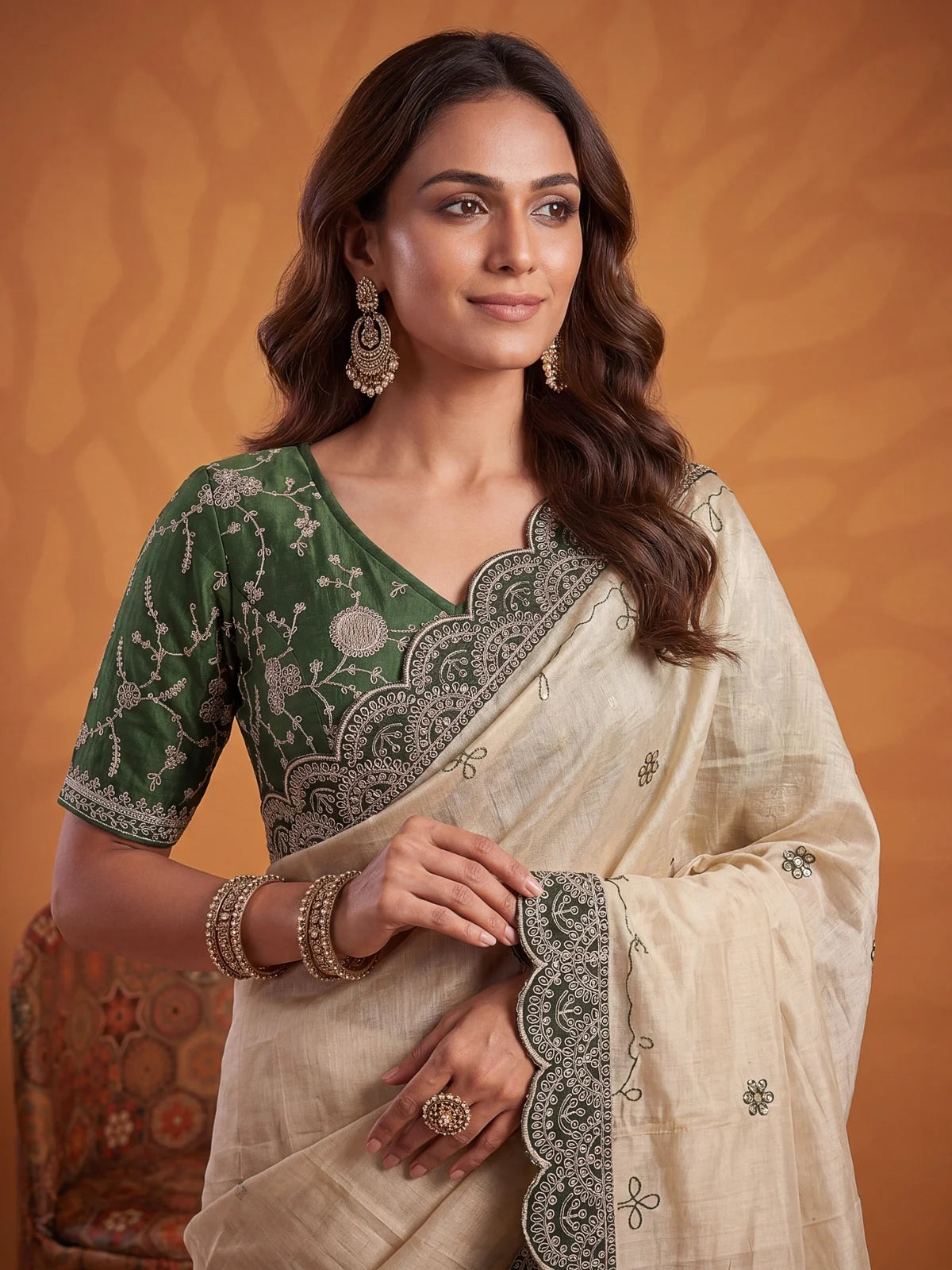 Tarani Jaswandi green blouse and Erodee silk saree upper body view with embroidered details