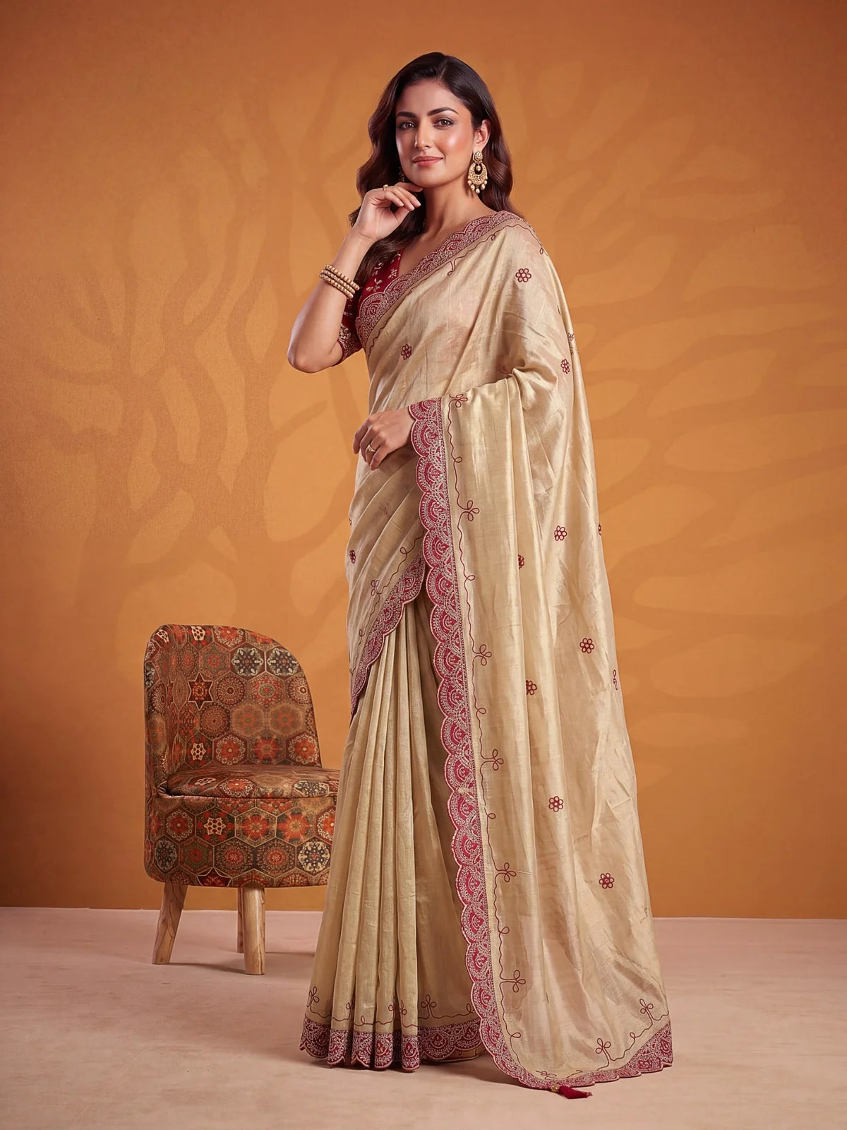 Tarani Darshana maroon party wear Erodee Silk saree side view showcasing Dori Work border