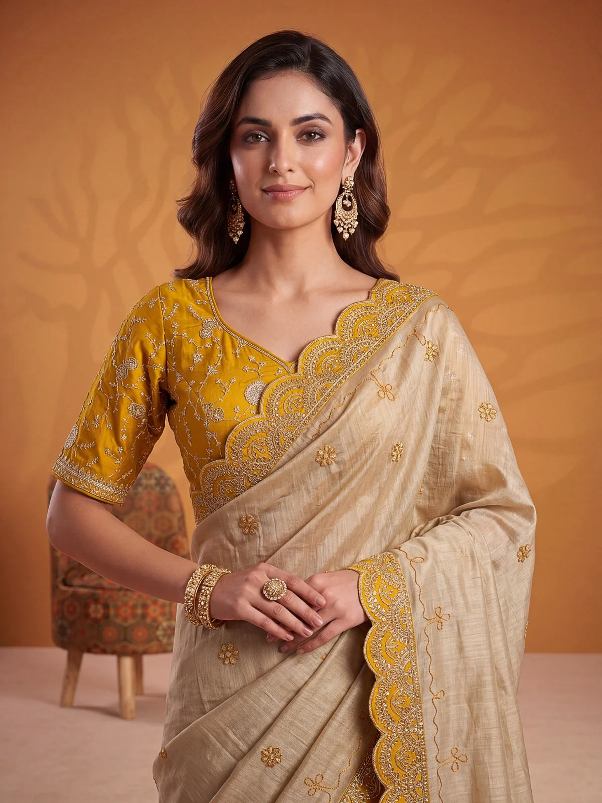 Tarani mustard Erodee silk saree upper body view with embroidered blouse and scallop border detailing