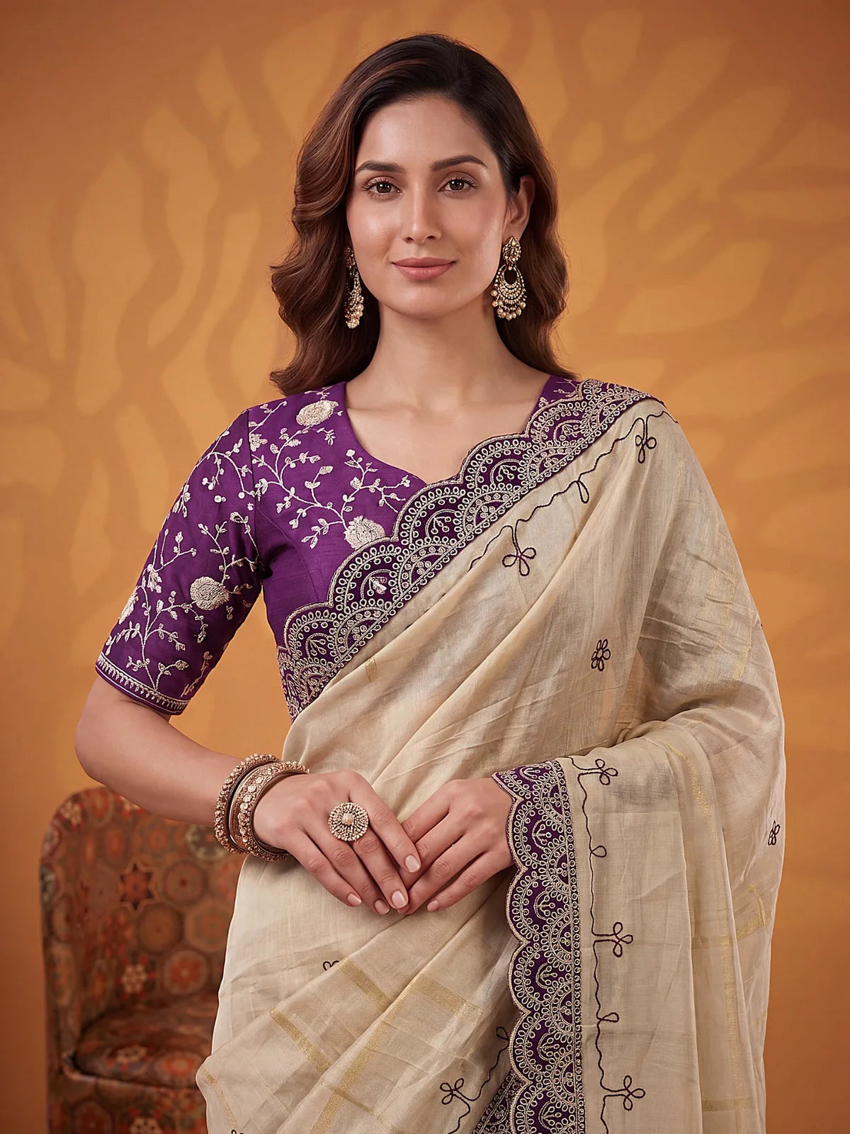 Tarani Sejal purple Erodee Silk saree upper body view with embroidered blouse detailing